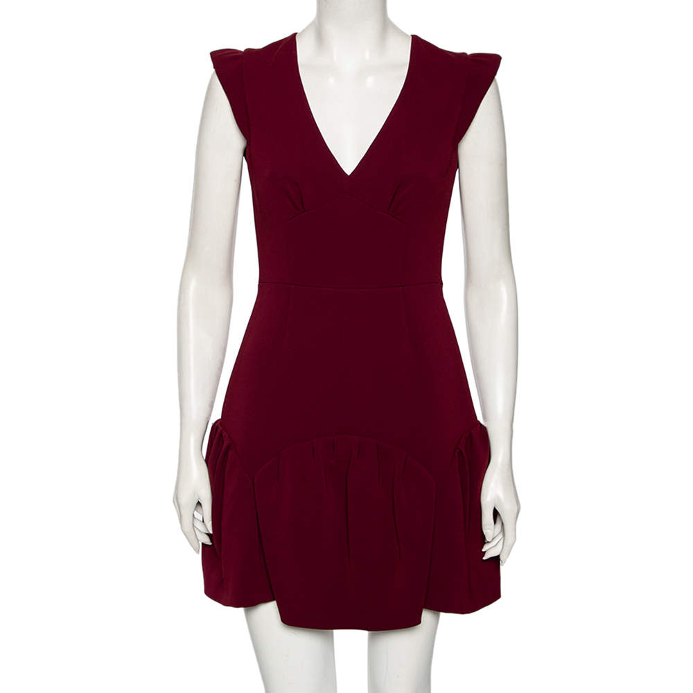 Pre Owned Miu Miu Burgundy Crepe Fluted Hem V-Neck Dress M