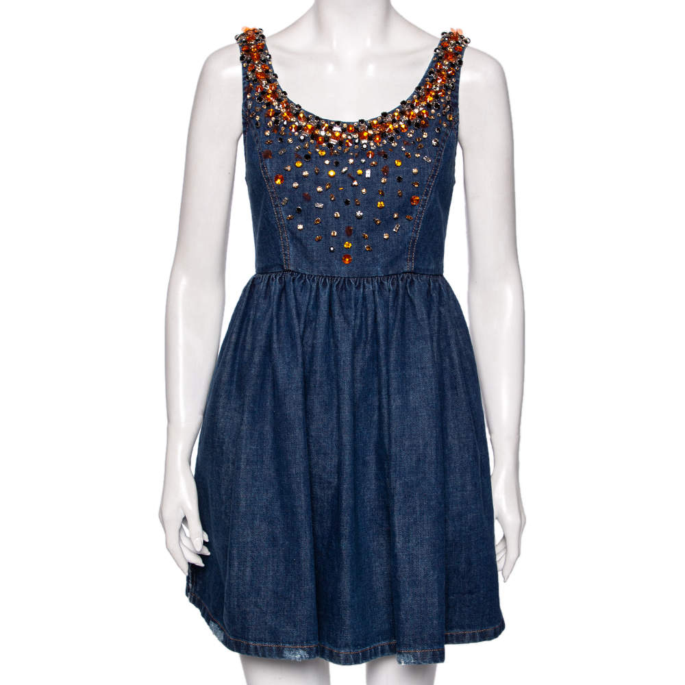 Pre Owned Miu Miu Blue Embellished Denim Sleeveless Mini Dress S