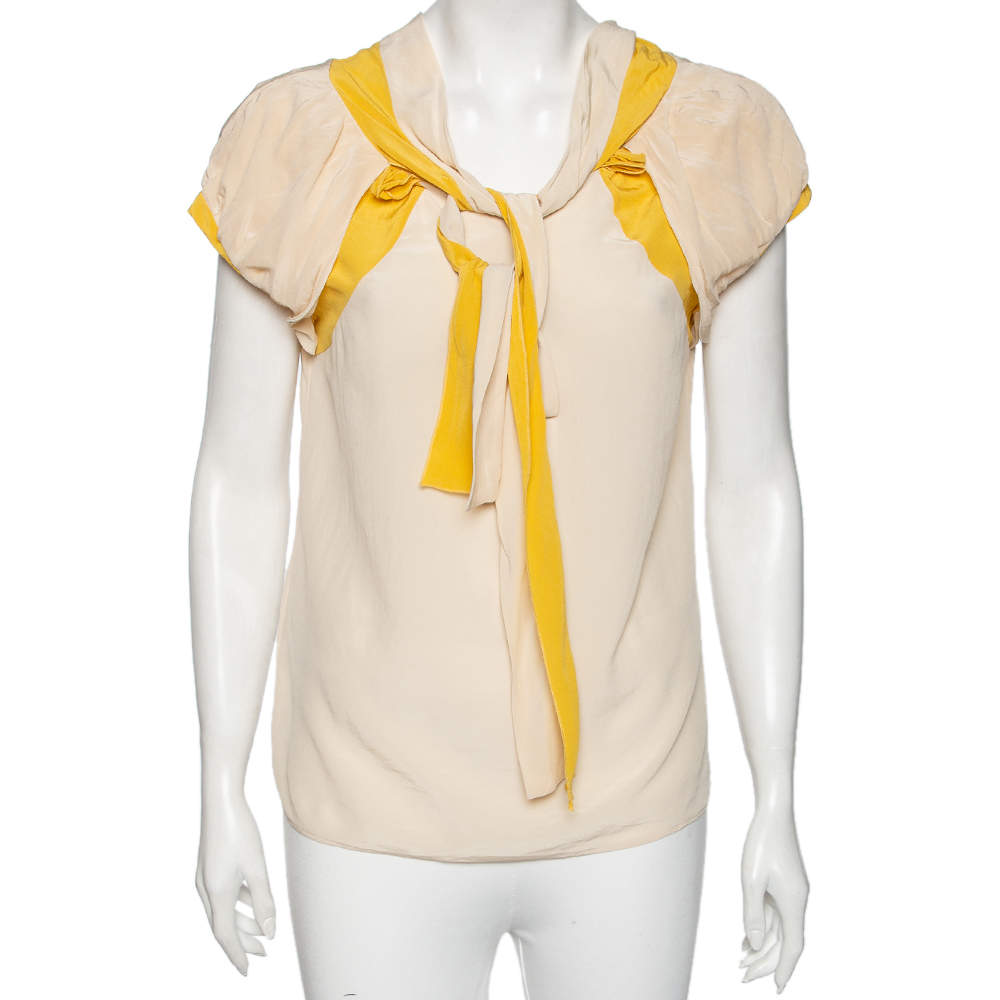 Miu Miu Cream & Yellow Paneled Silk Neck Tie Detailed Top M