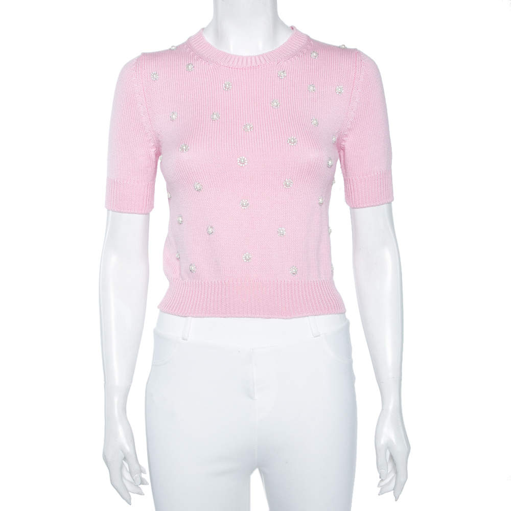 Pre Owned Miu Miu Pink Wool Knit Pearl Embellished Sweater XS