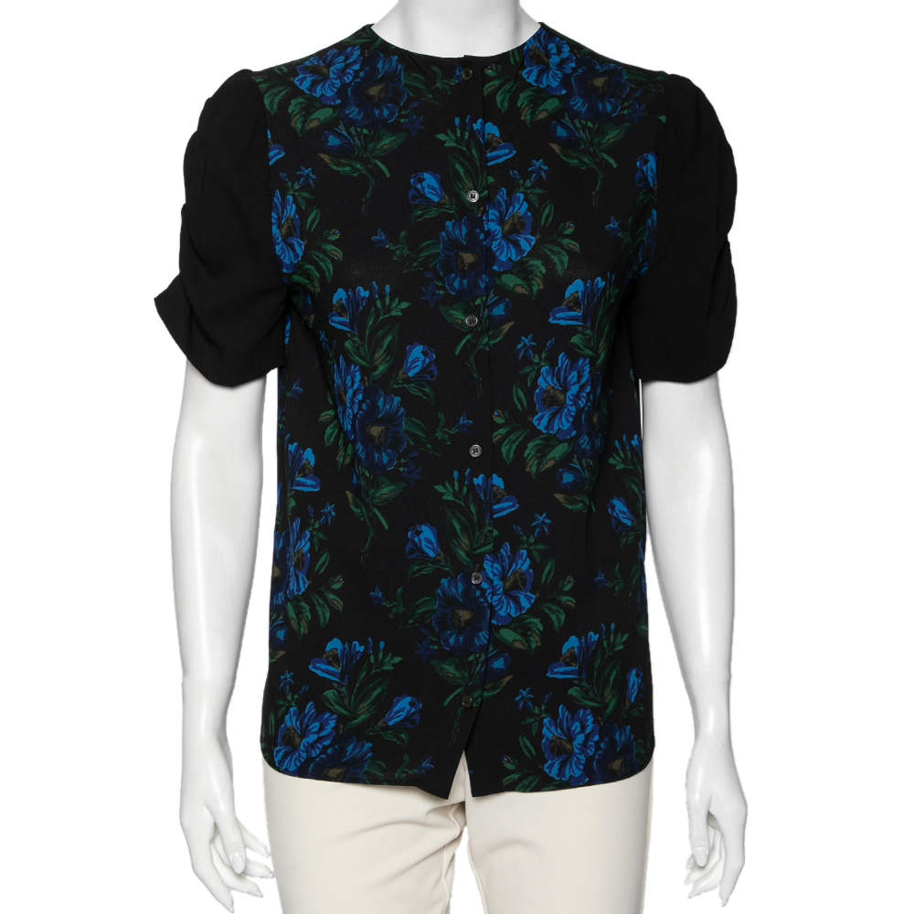 Miu Miu Black Floral Print Crepe Ruched Sleeve Detailed Blouse M