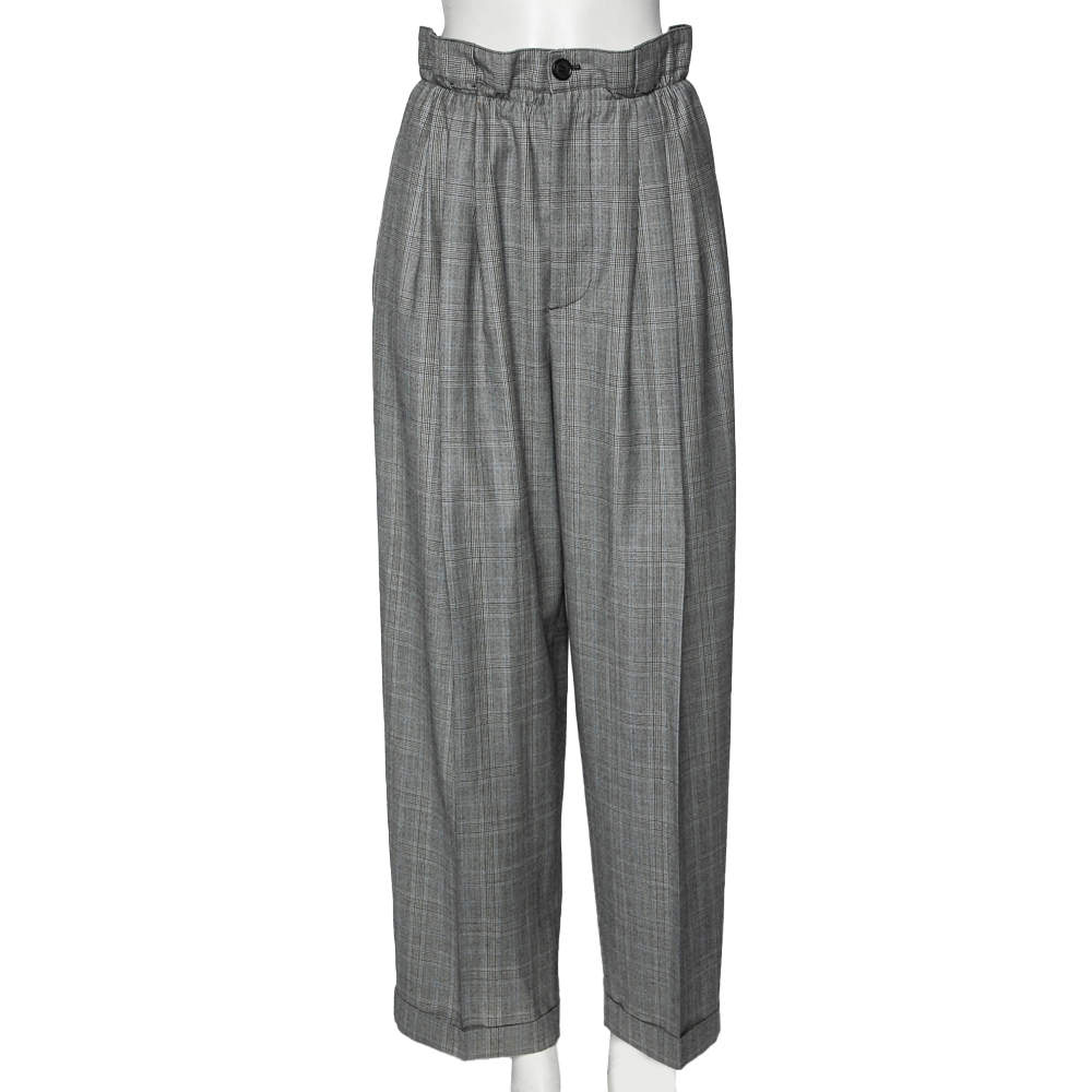 Miu Miu Prince of Wales Check Wool Paperbag Waist Detailed Pants M