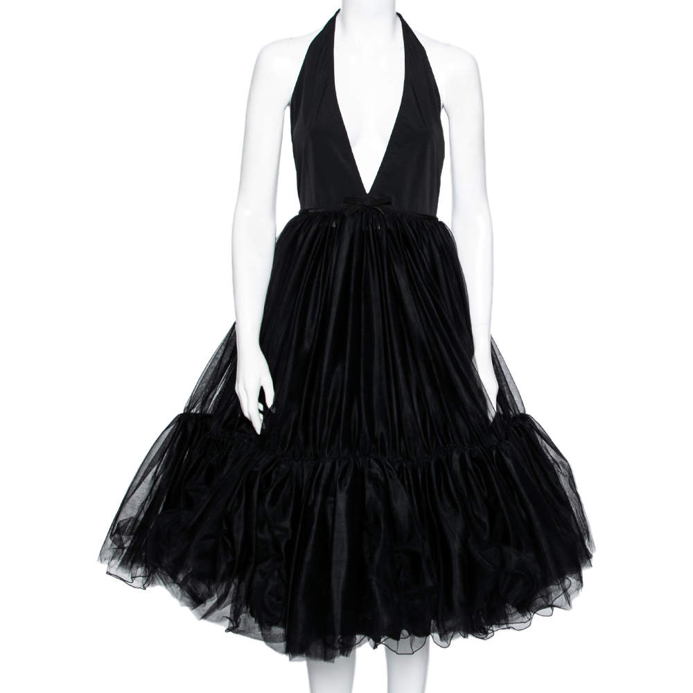 مملوكة مسبقًا Miu Miu Black Tulle Plunge Neck Halter Neck Flared Dress M