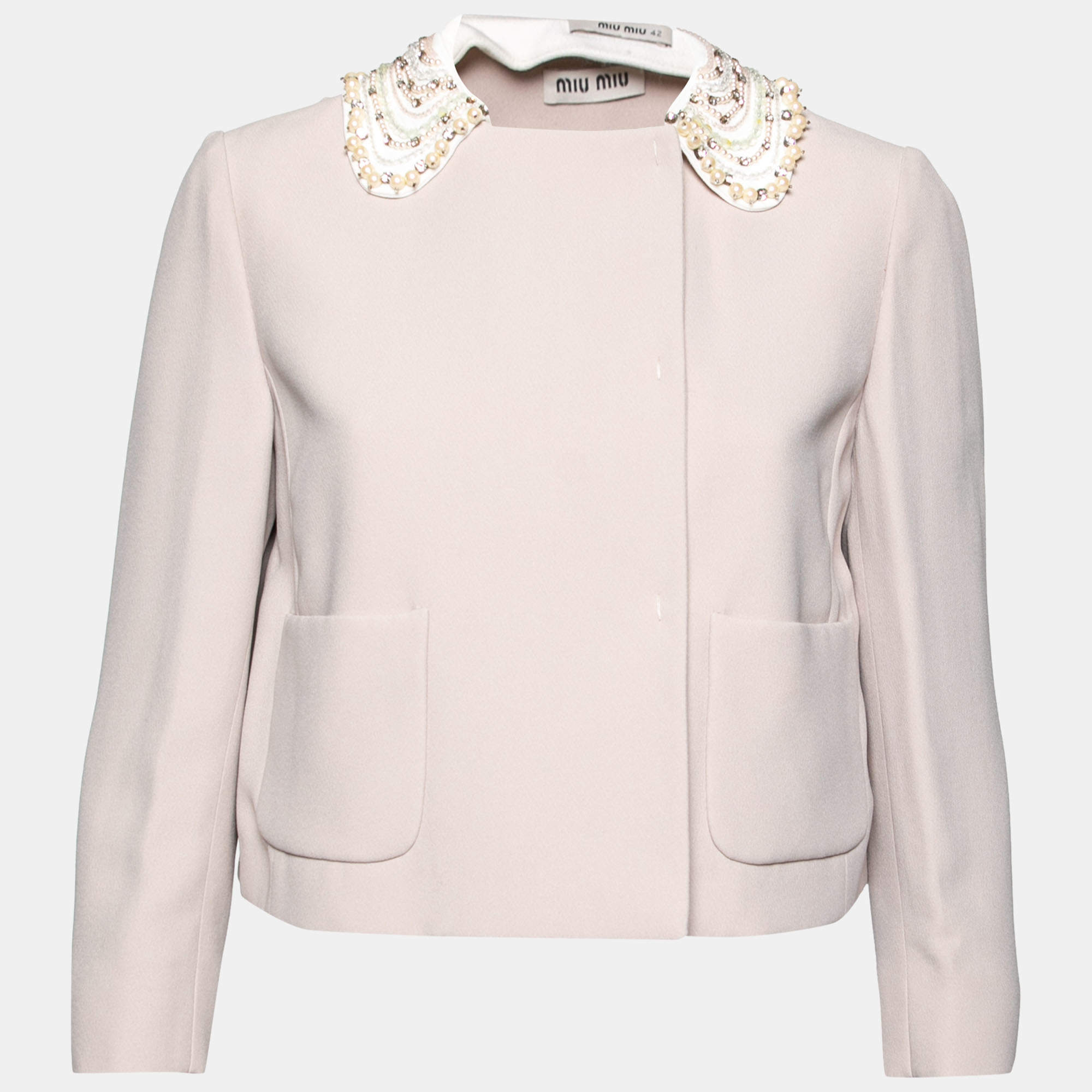 Miu Miu Nude Pink Crepe Embellished Collar Detail Jacket M