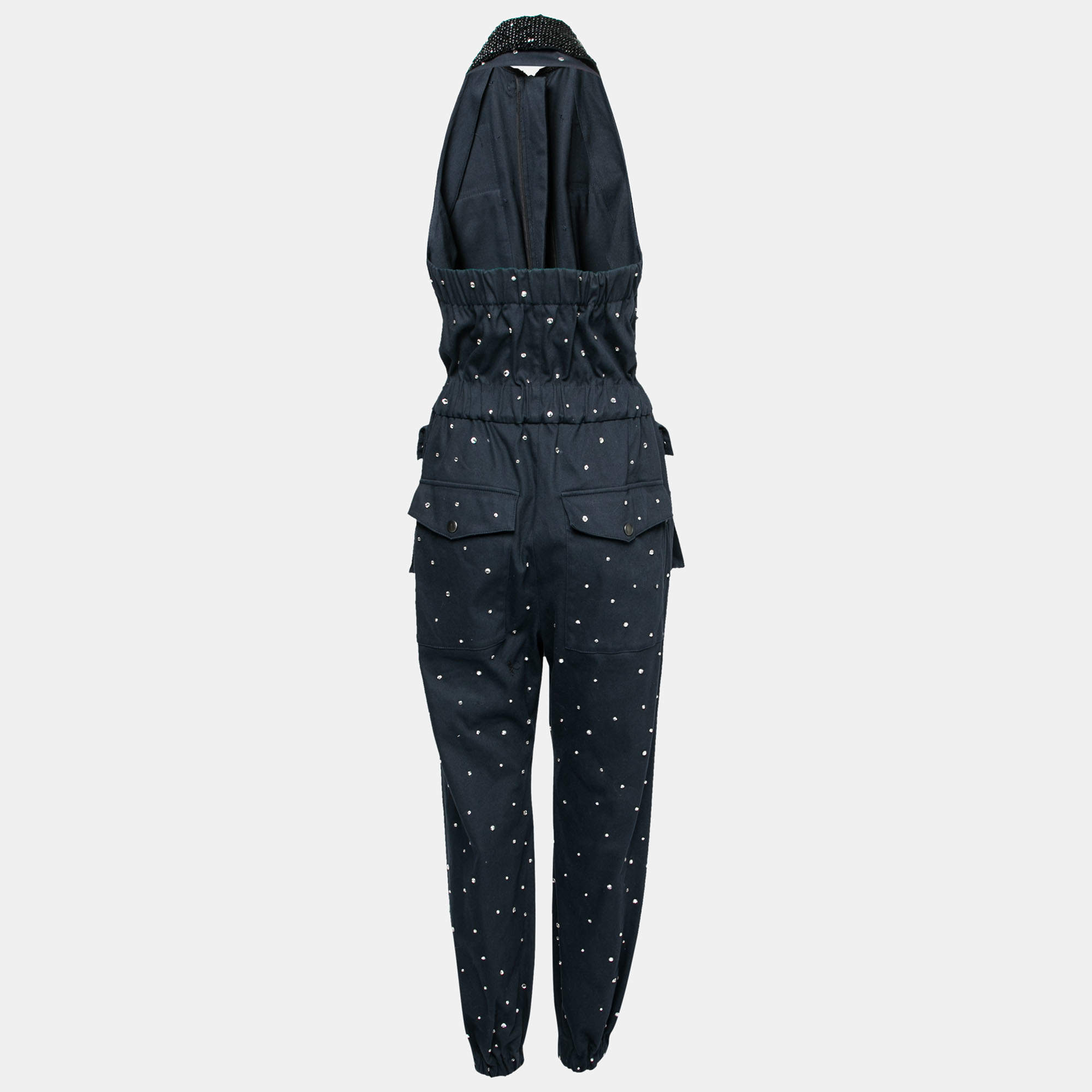 Miu Miu Navy Blue Embellished Cotton Bead Embroidered Halter Neck Jumpsuit S Miu Miu TLC