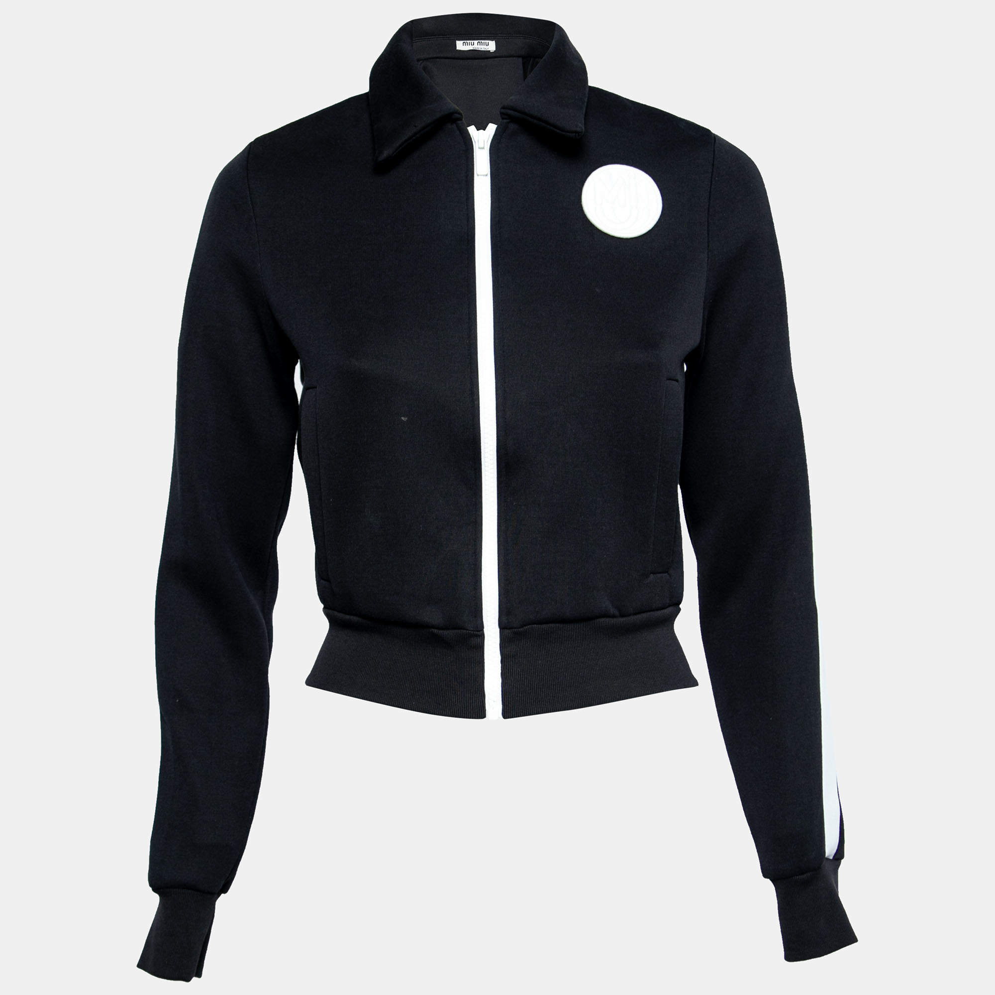 Miu Miu Navy Blue Cotton Knit Logo Embroidered Zip Front Jacket XS