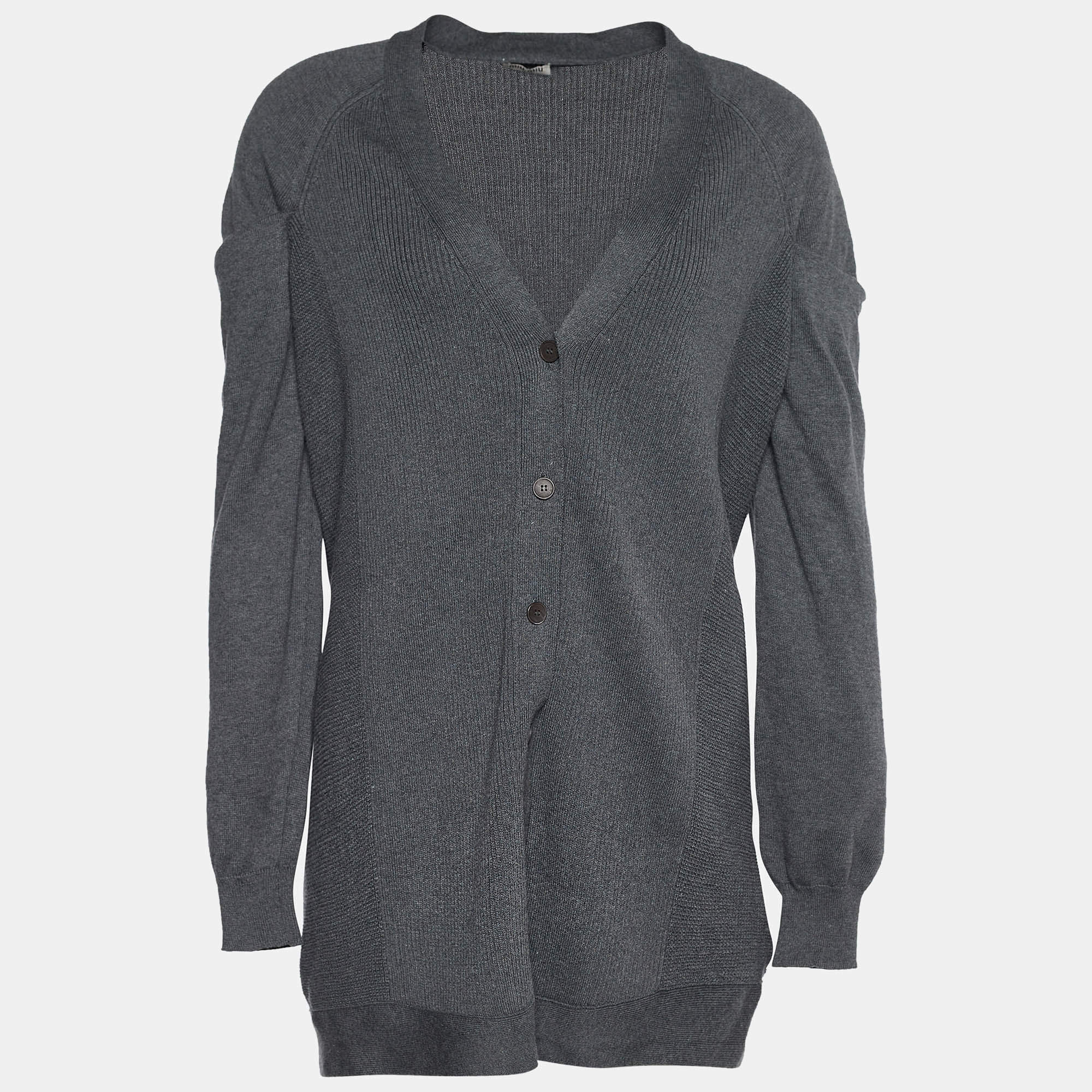 Miu Miu Grey Rib Knit Draped Sleeve Cardigan S