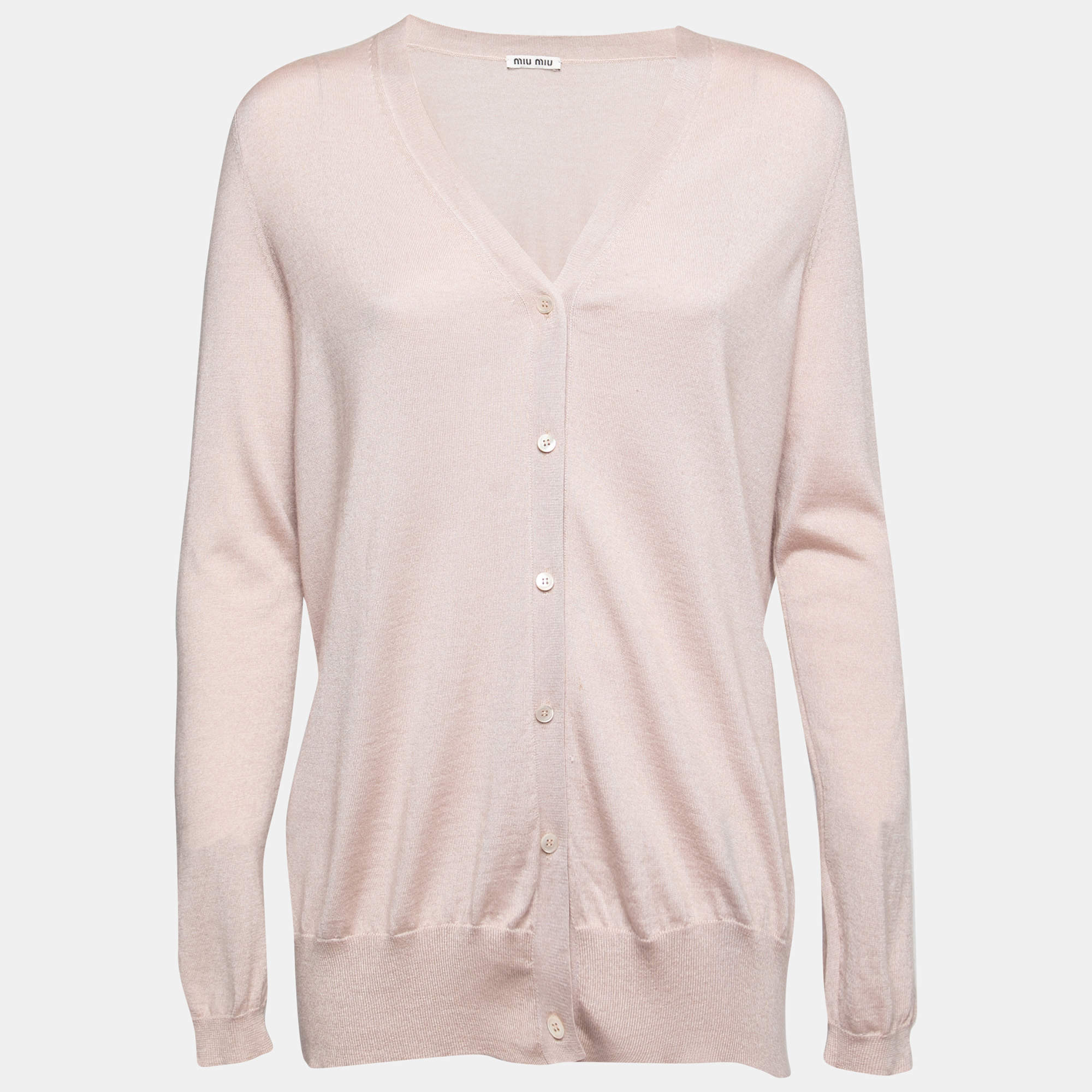 Miu Miu Blush Pink Knit Silk Trimmed Button Front Cardigan M