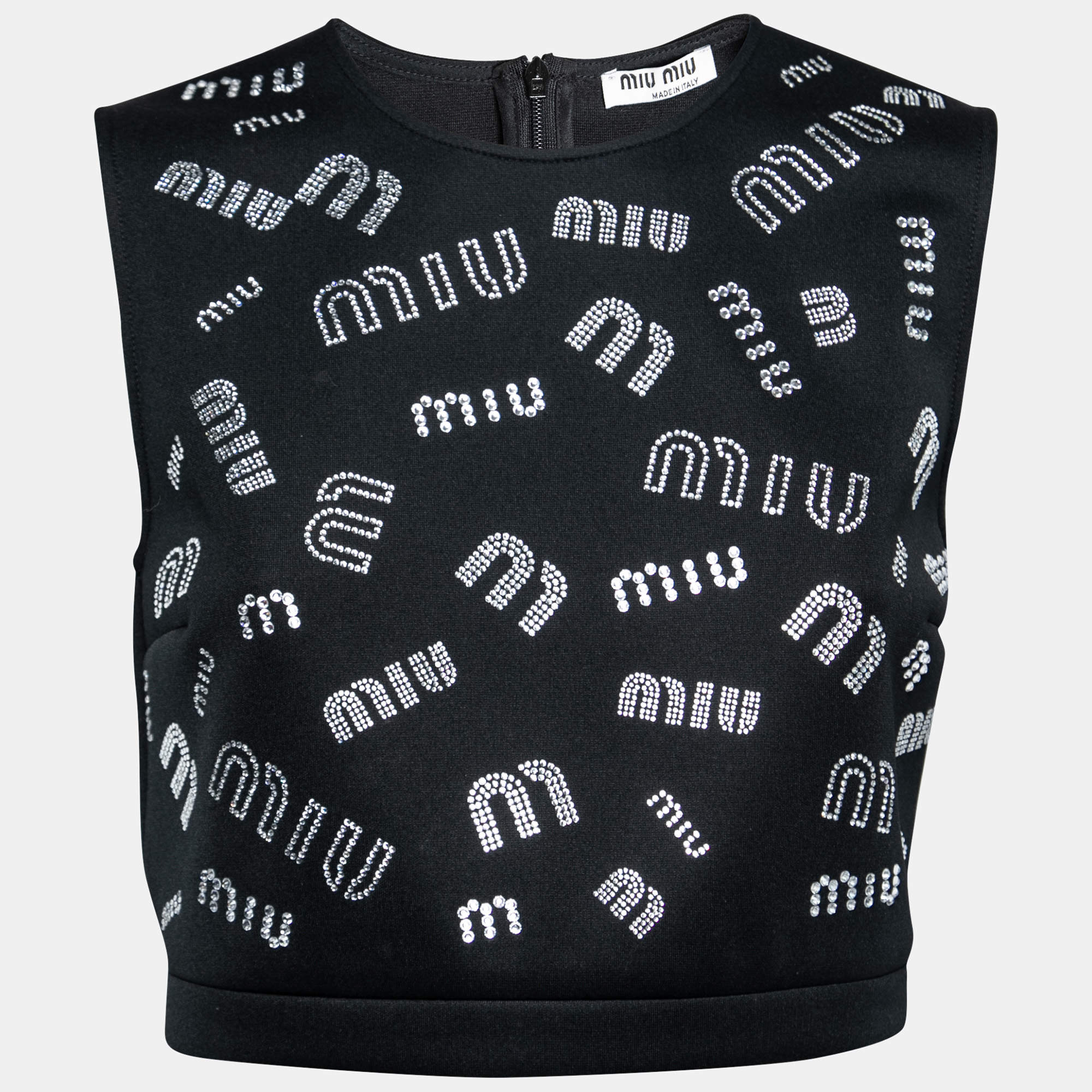 Pre Owned Miu Miu Black Stretch Knit Crystal Embellished Logo Crop Top L