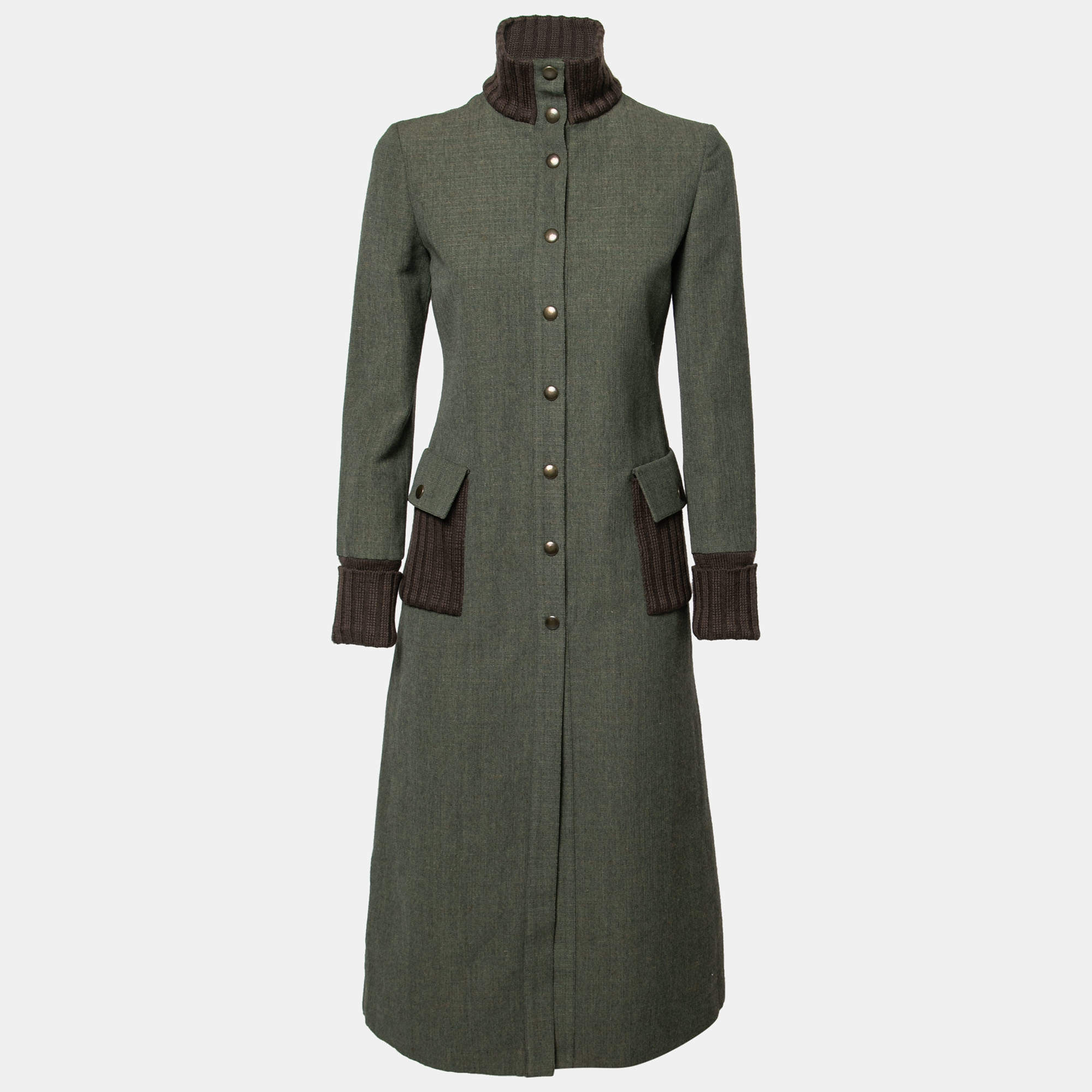 Miu Miu Olive Green Wool Ribbed Knit Detail Long Coat S