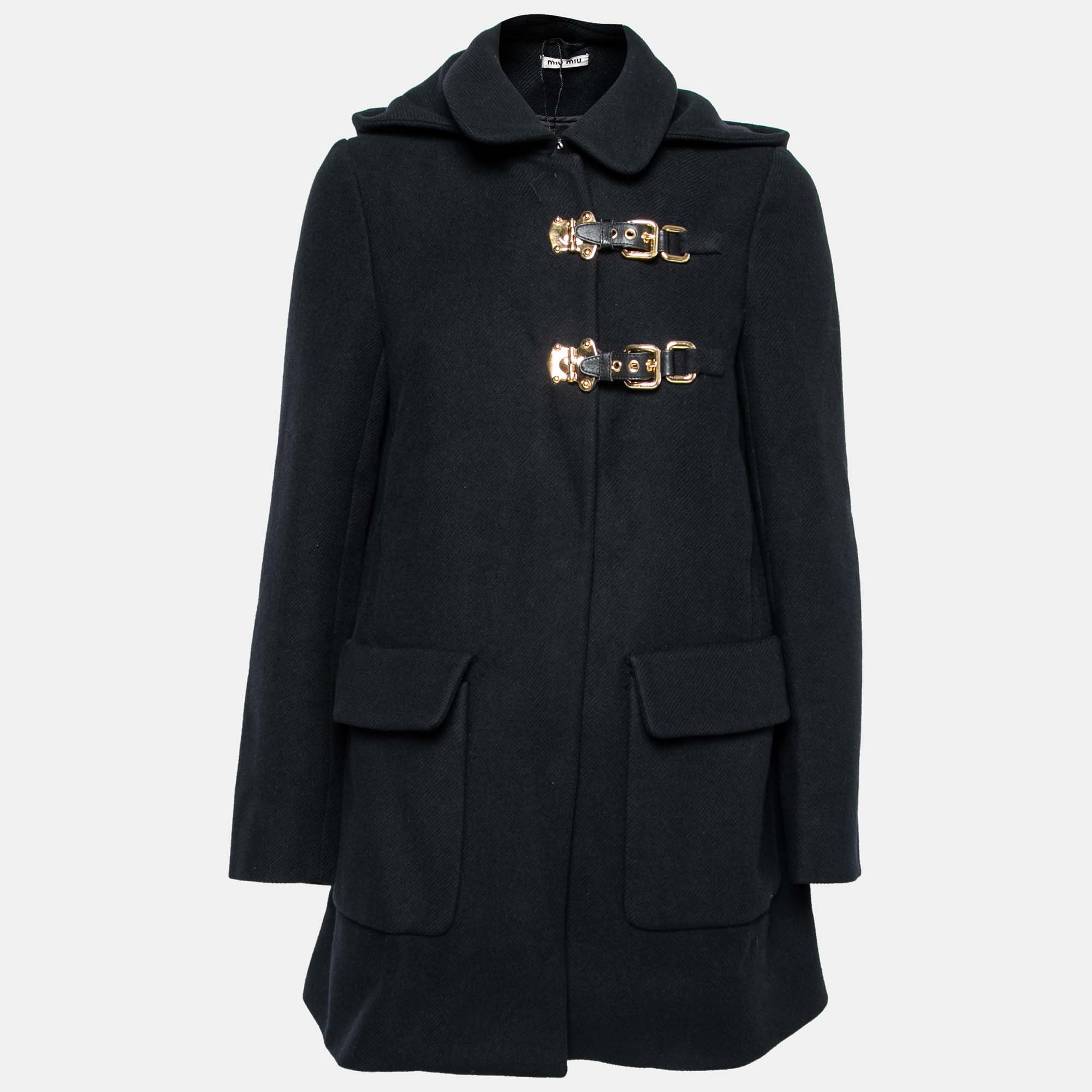 Miu Miu Black Wool Buckle Detail Hooded Peacoat S