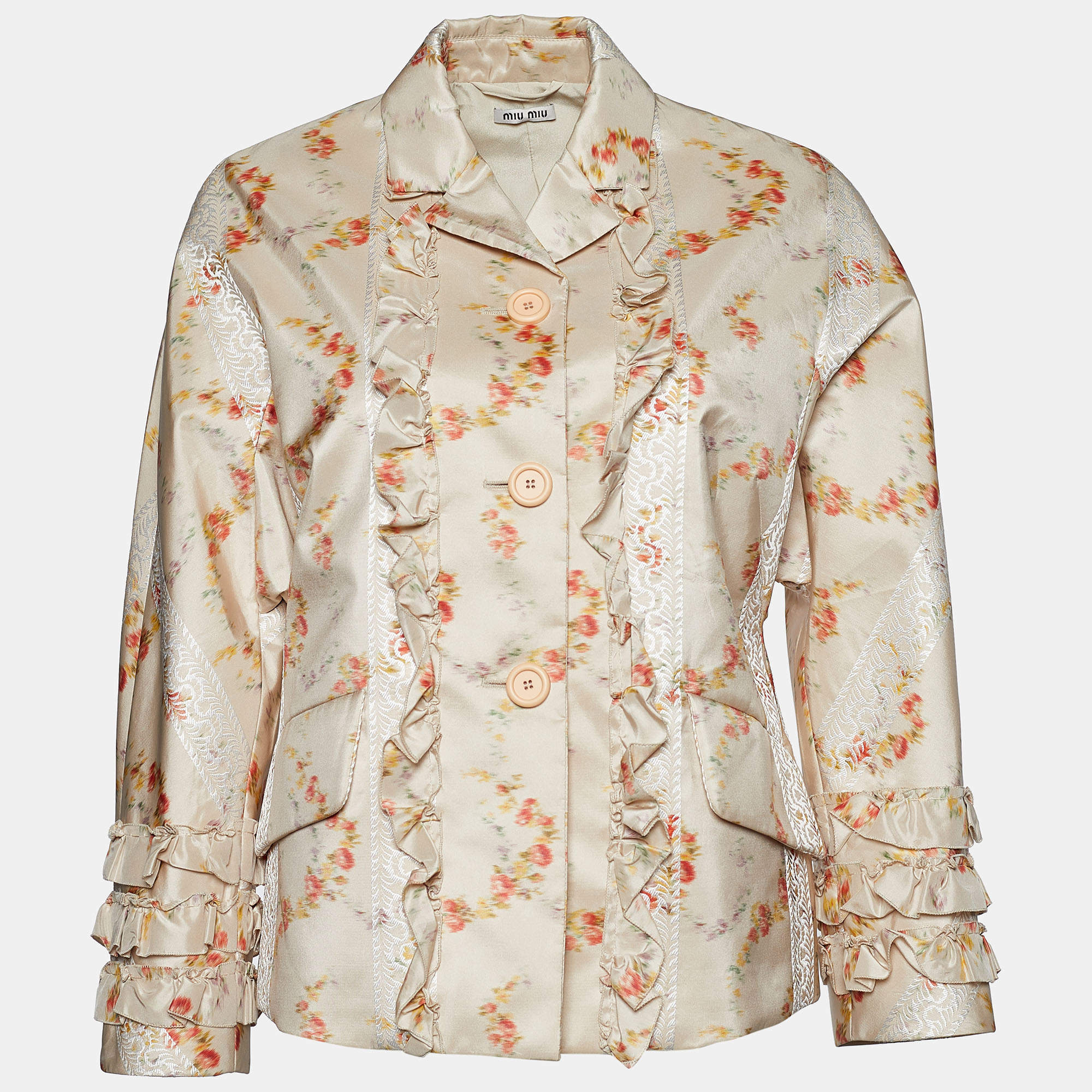 Pre Owned Miu Miu Cream Printed Silk Taffeta Button Front Jacket S