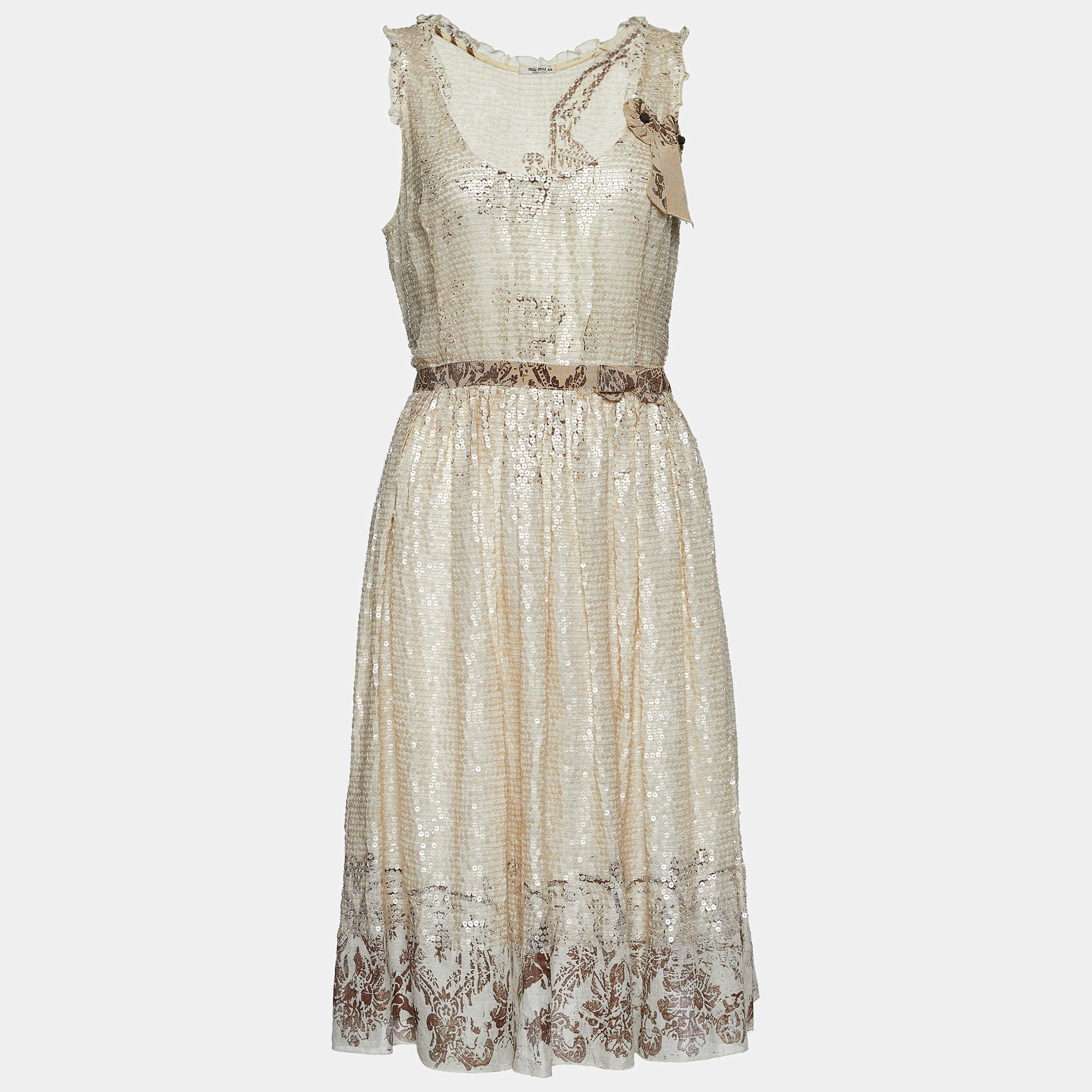 Miu Miu Cream Sequined & Printed Cotton Sleeveless Dress M