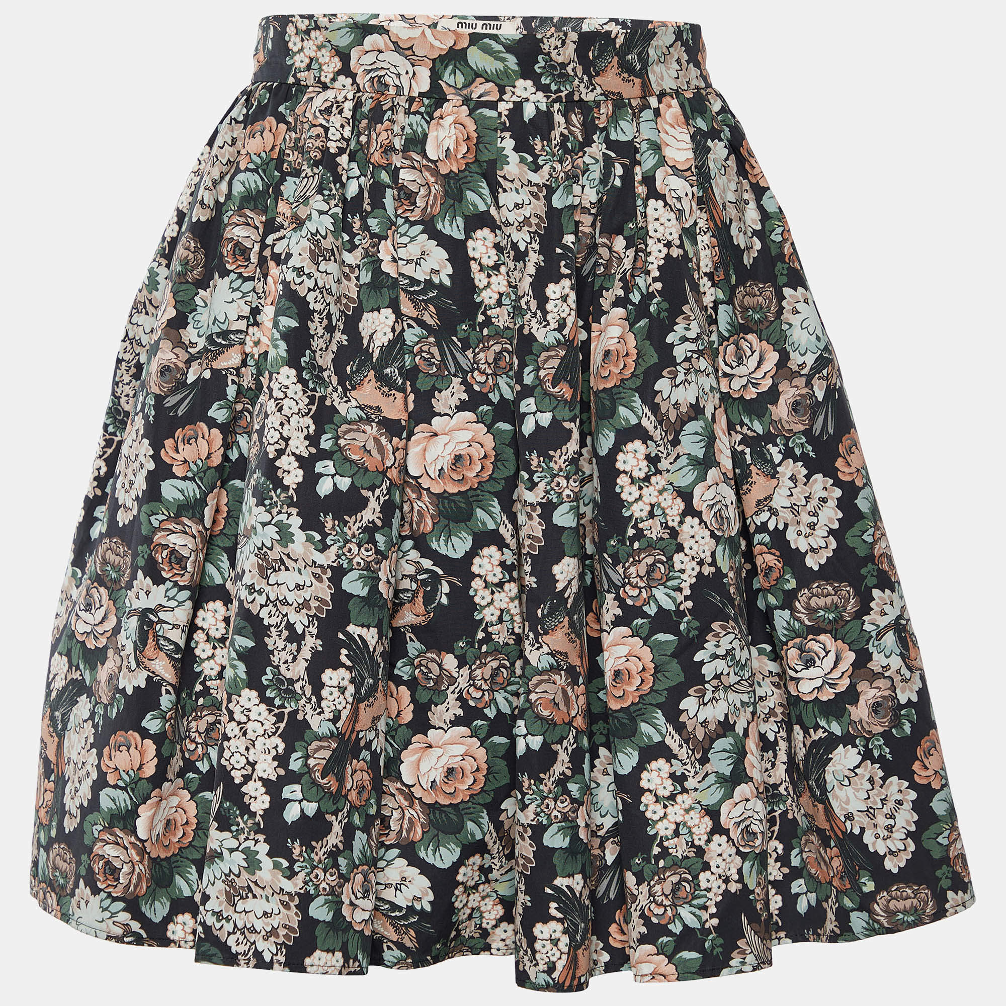 Pre Owned Miu Miu Black Floral Printed Cotton Mini Skirt M