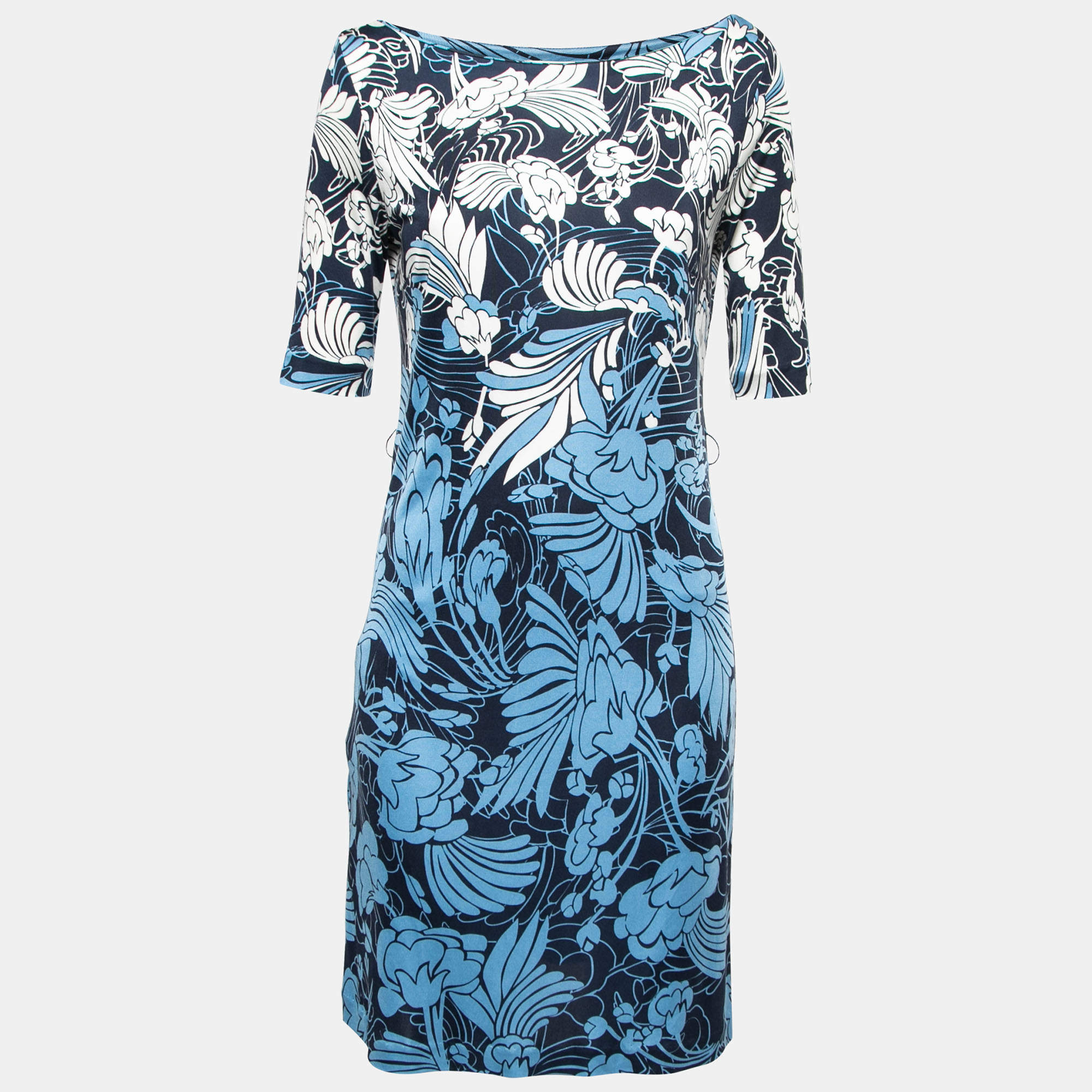 Miu Miu Blue Printed Silk Jersey Boat Neck Dress L
