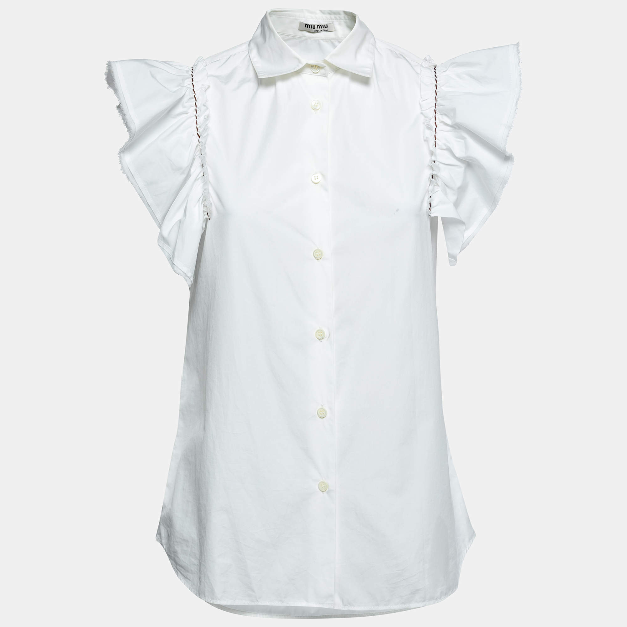 Pre Owned Miu Miu White Cotton Ruffled Sleeve Shirt S