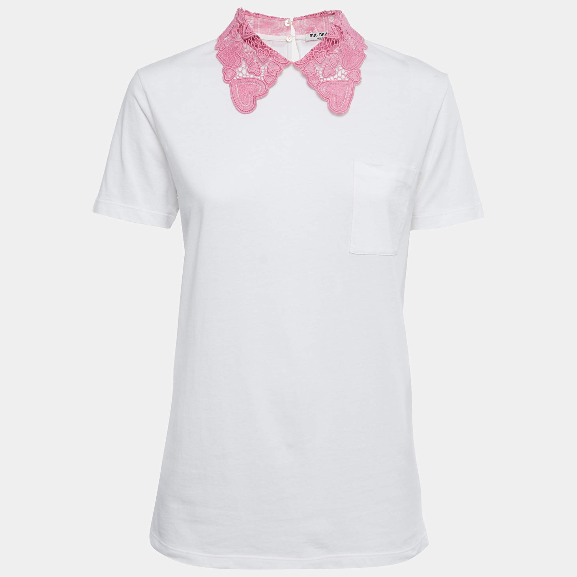 Miu Miu White Cotton Lace Collared T-Shirt L