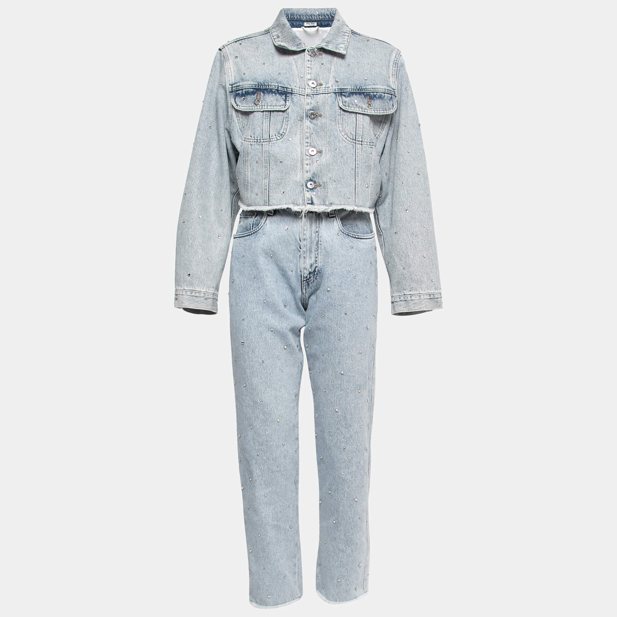 Miu Miu Blue Rhinestone-Embellished Denim Jacket & Jeans Set XS