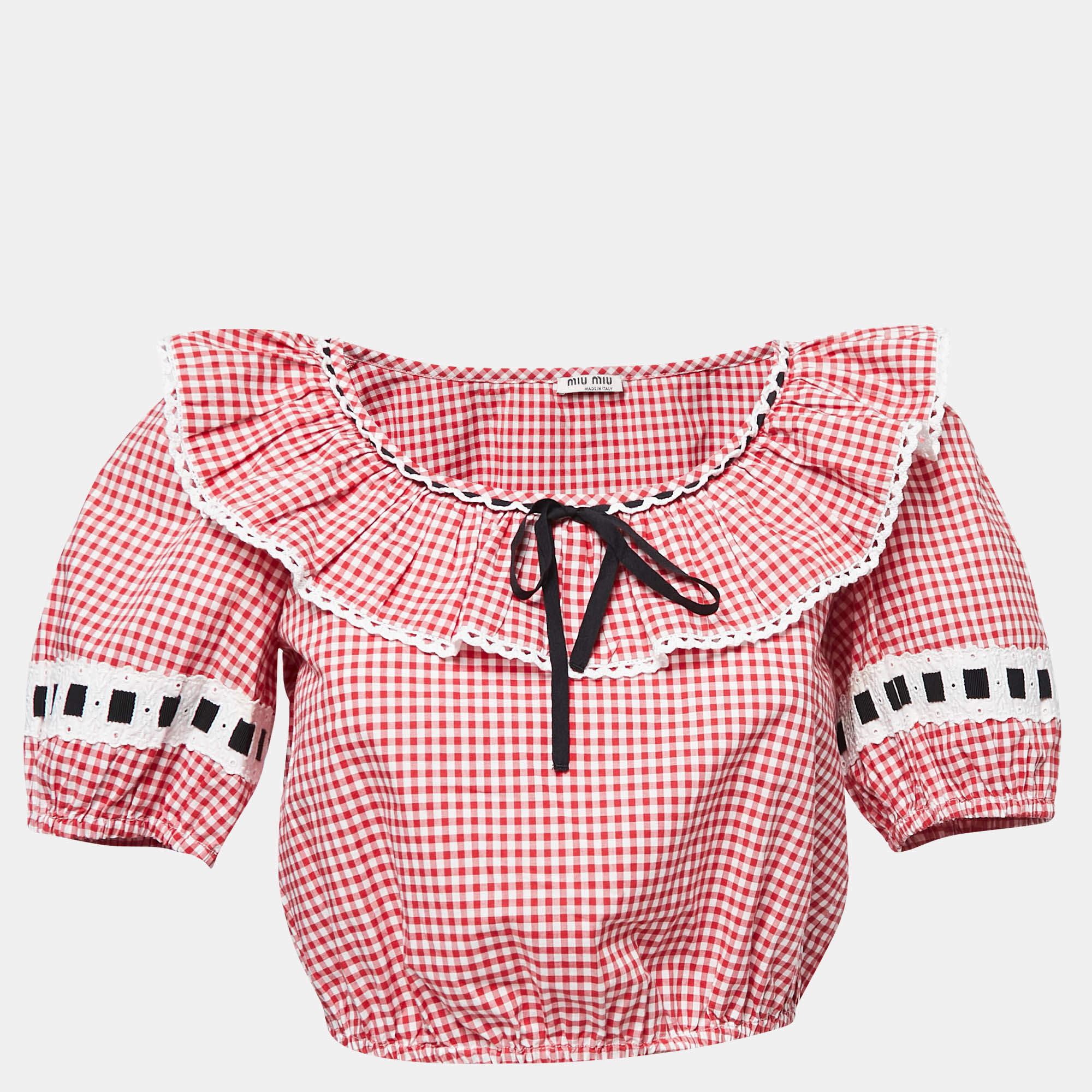 Miu Miu Red Gingham Printed Cotton Cropped Top S
