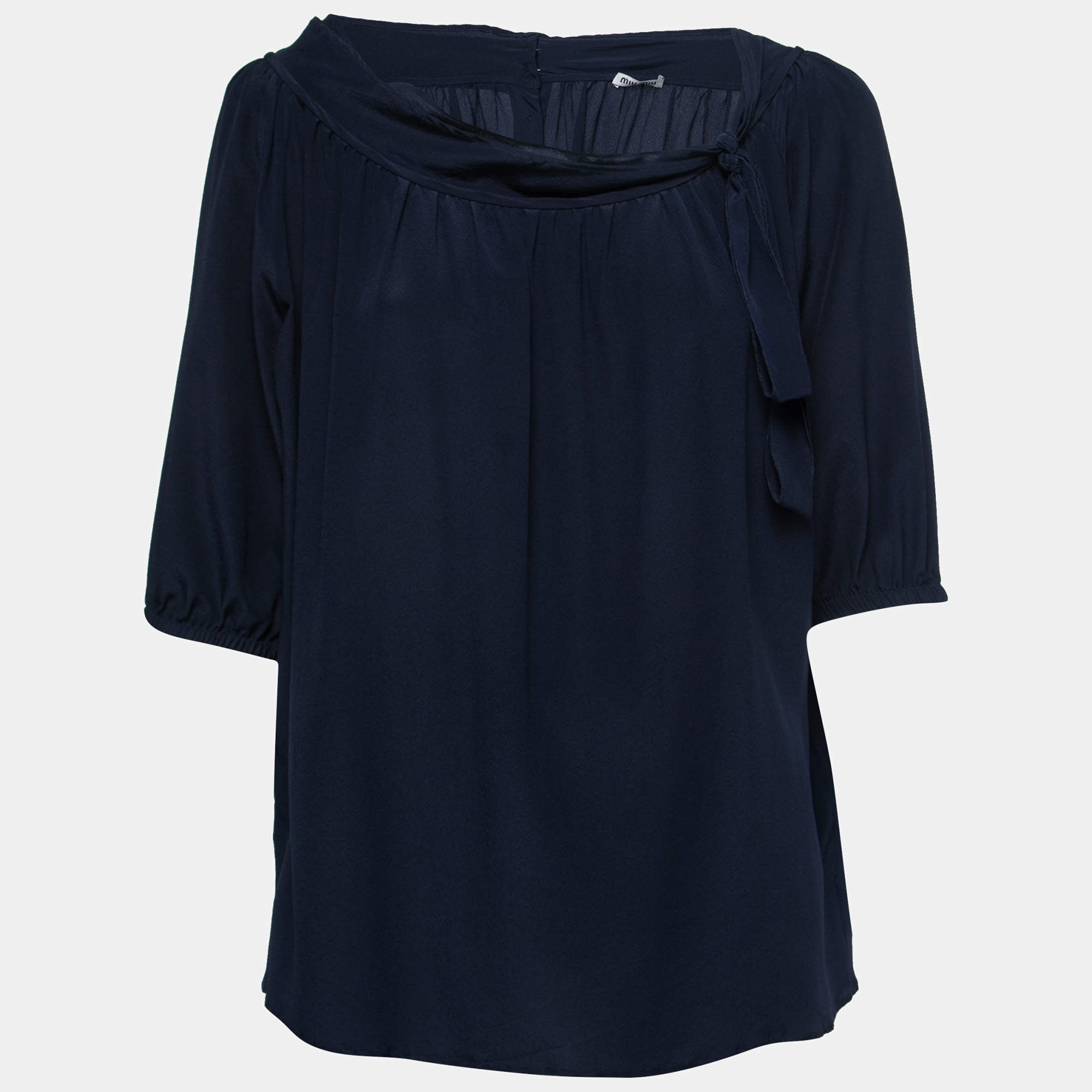Pre Owned Miu Miu Navy Blue Silk Tie-Neck Detail Blouse M