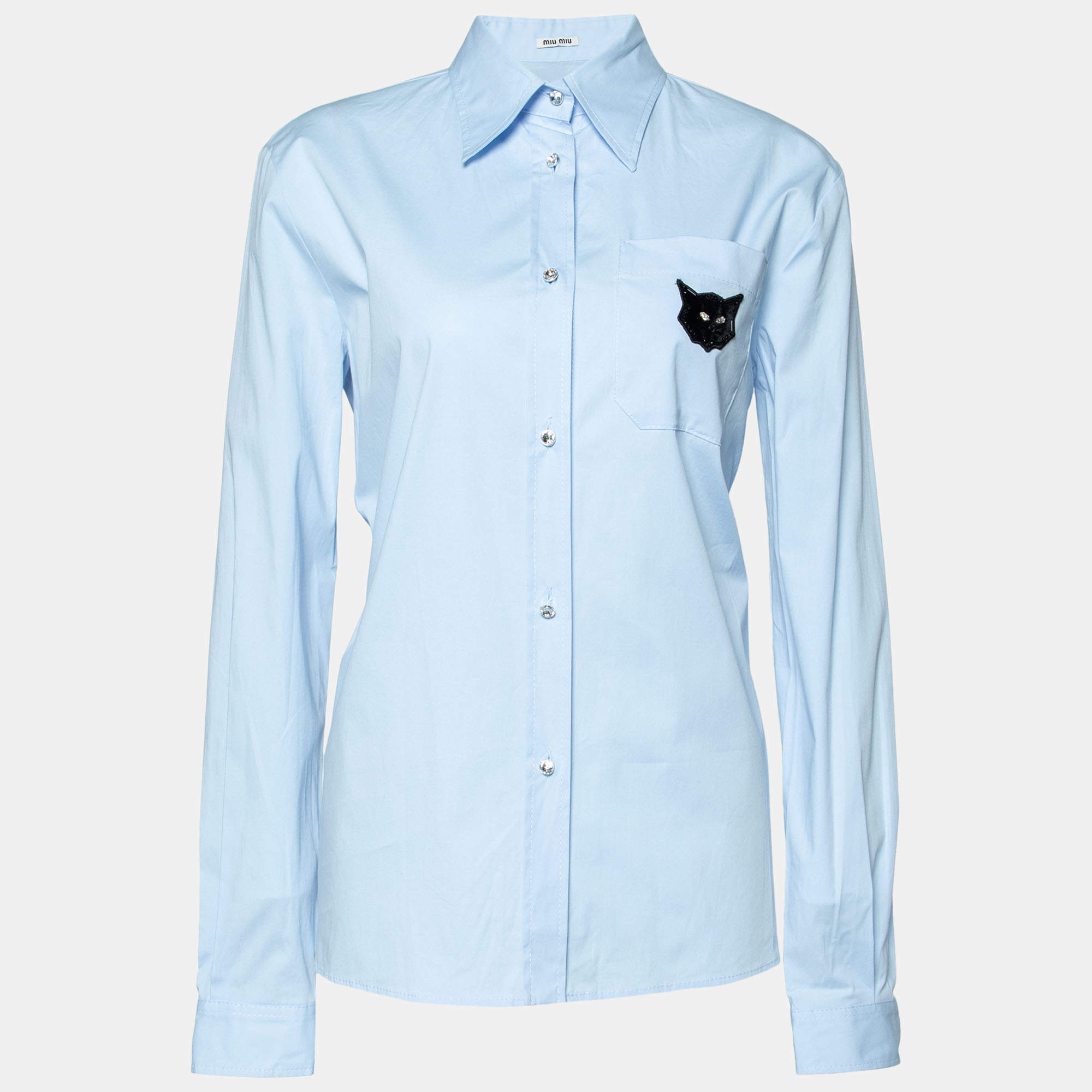 Miu Miu Blue  Cotton Cat Logo Embroidered  Button Front Shirt S