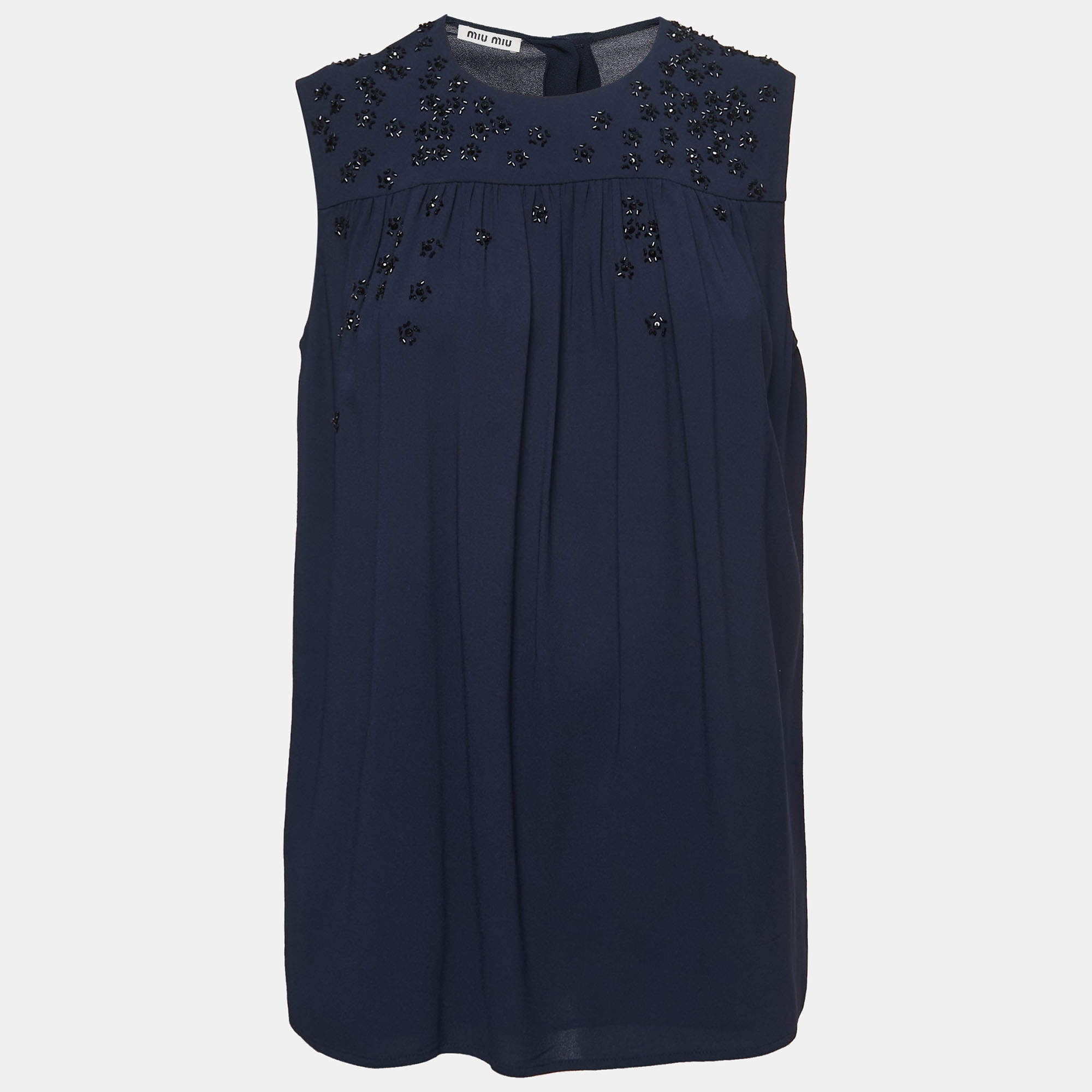 Pre Owned Miu Miu Navy Blue Floral Embellished Crepe Sleeveless Top M