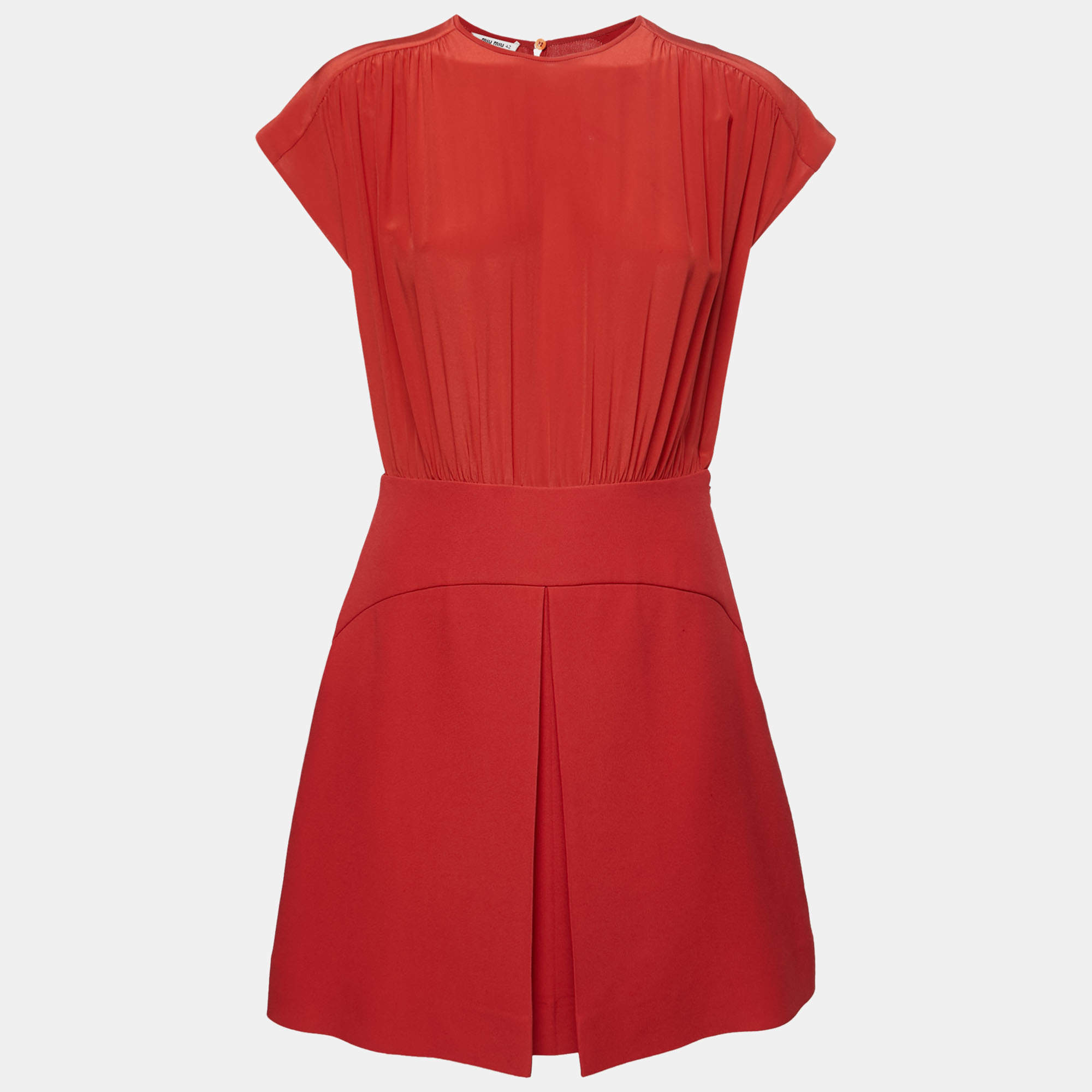 Miu Miu Red Gathered Waist Inverted Pleat Detail Dress M