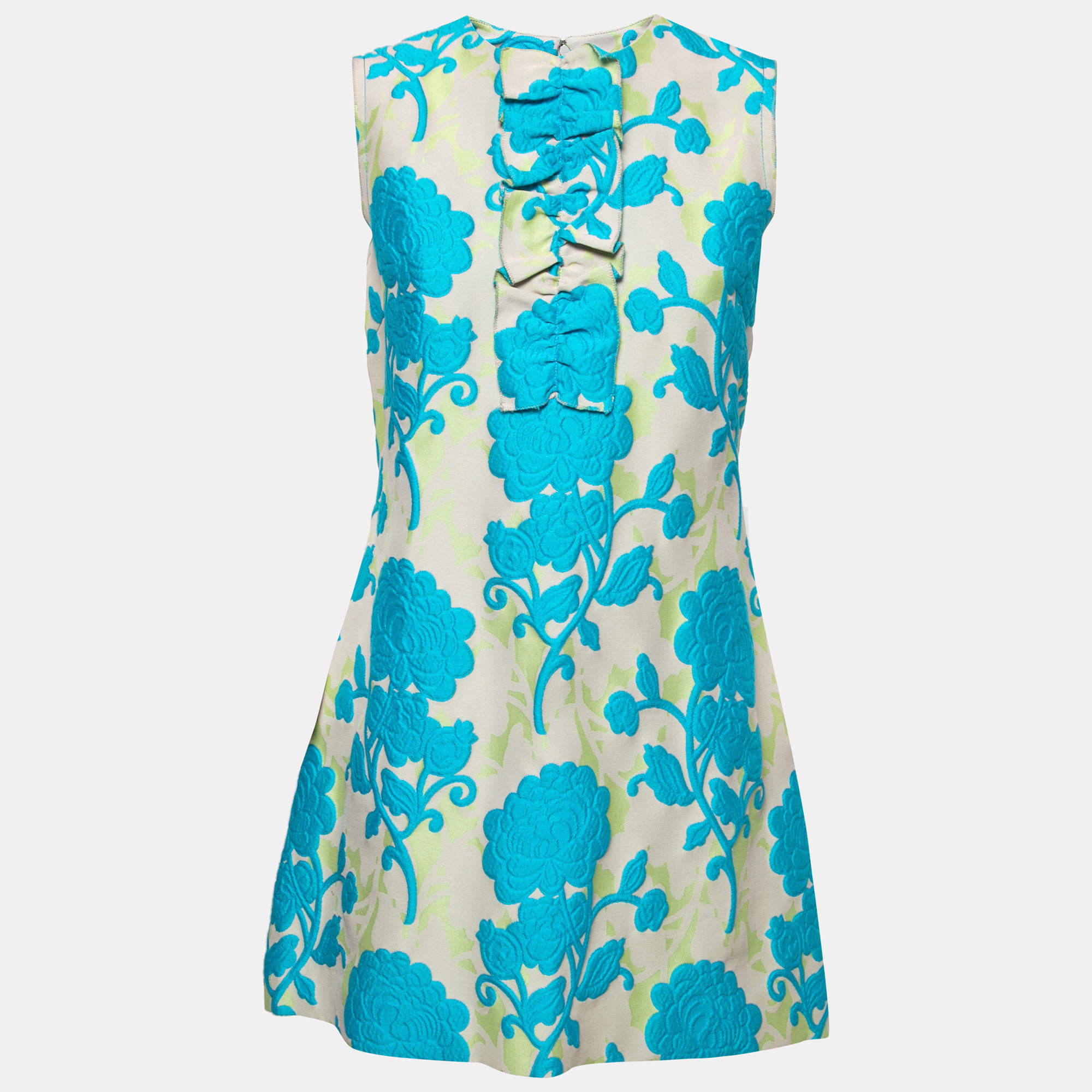 Miu Miu Grey/Blue Floral Jacquard Ruched Sleeveless Short Dress M