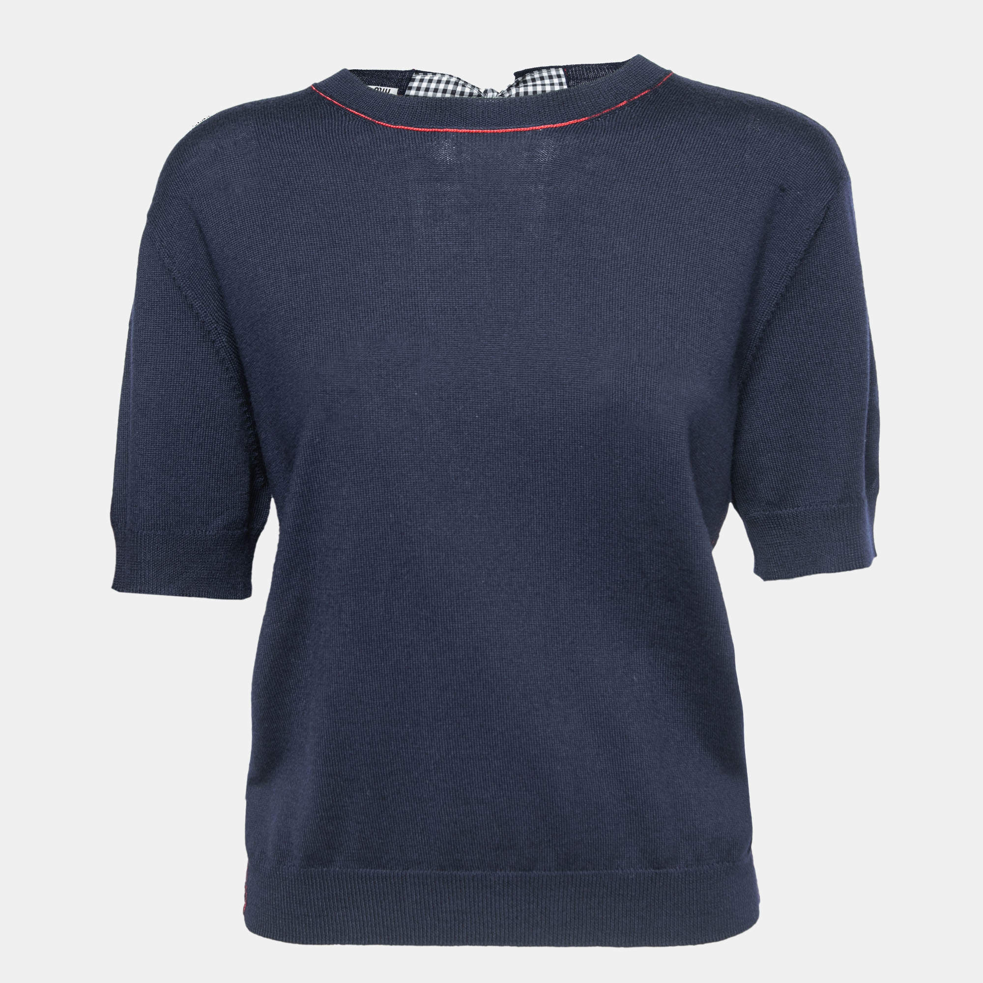 Miu Miu Navy Blue Knit Lace Bow Back Detail Sweater Top S Miu Miu