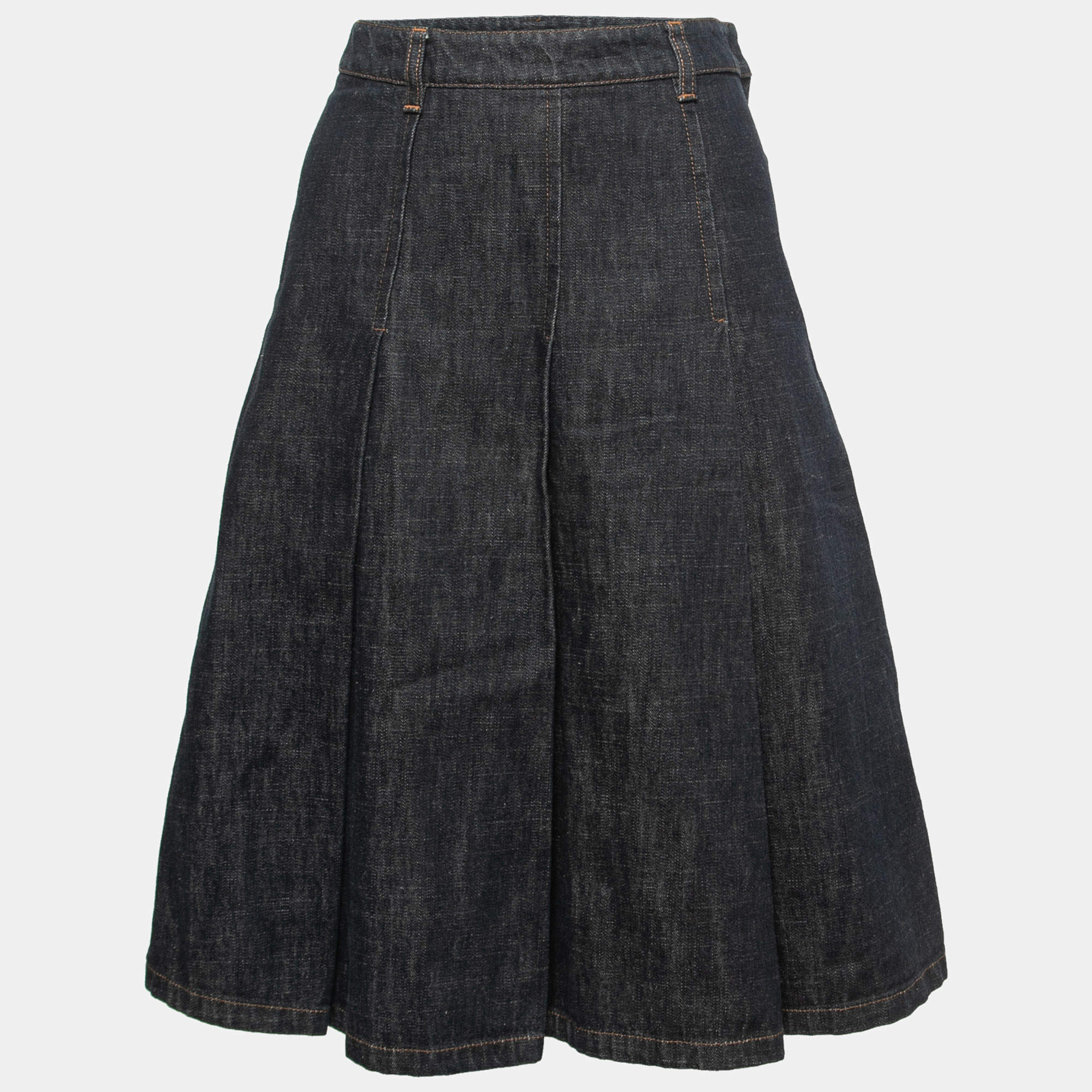 Miu Miu Dark Blue Denim Pleated Knee-Length Skirt M