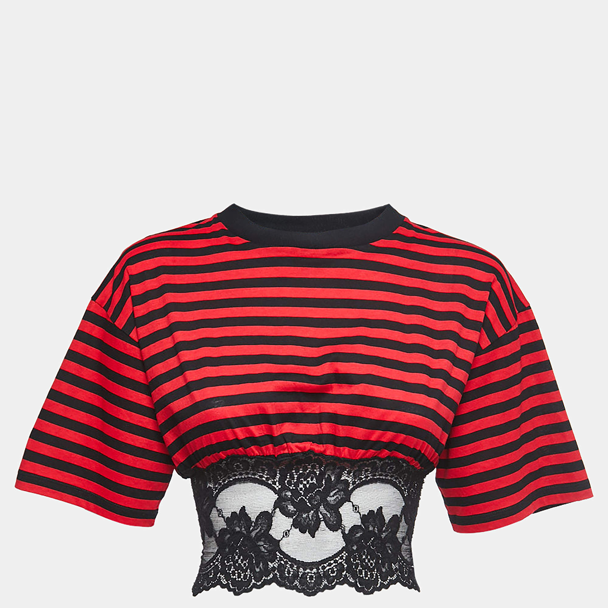 Miu Miu Black/Red Striped Cotton Knit and Lace Cropped T-Shirt XS