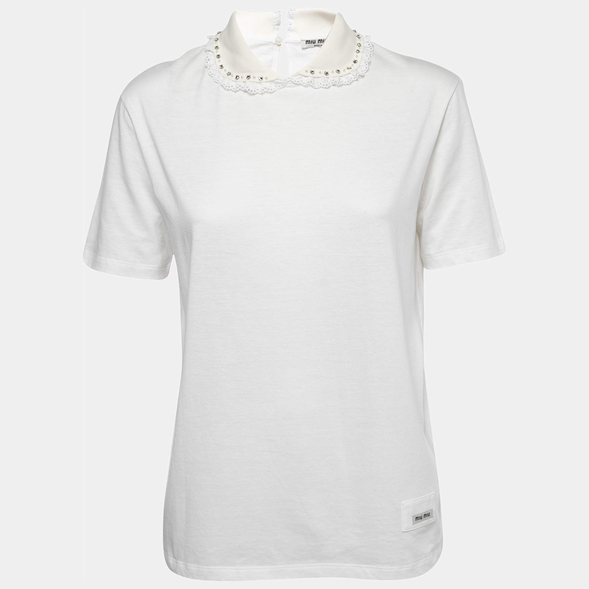 Pre Owned Miu Miu White Cotton Studded Collar T-Shirt L