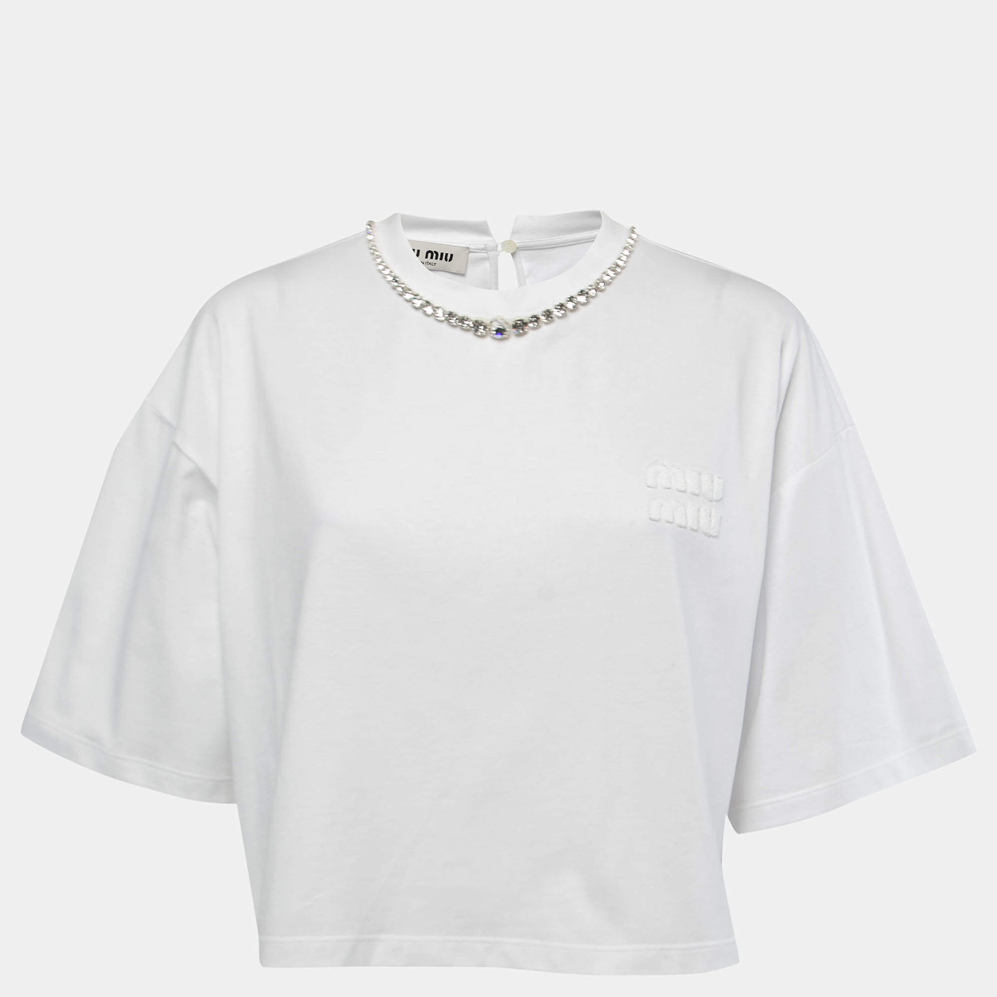 Miu Miu White Cotton Rhinestone Embellished T-Shirt M