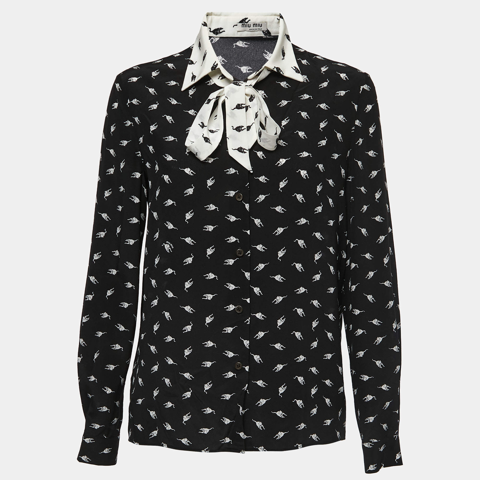 Miu Miu Black All Over Cat Print Crepe Button Front Full Sleeve Shirt M