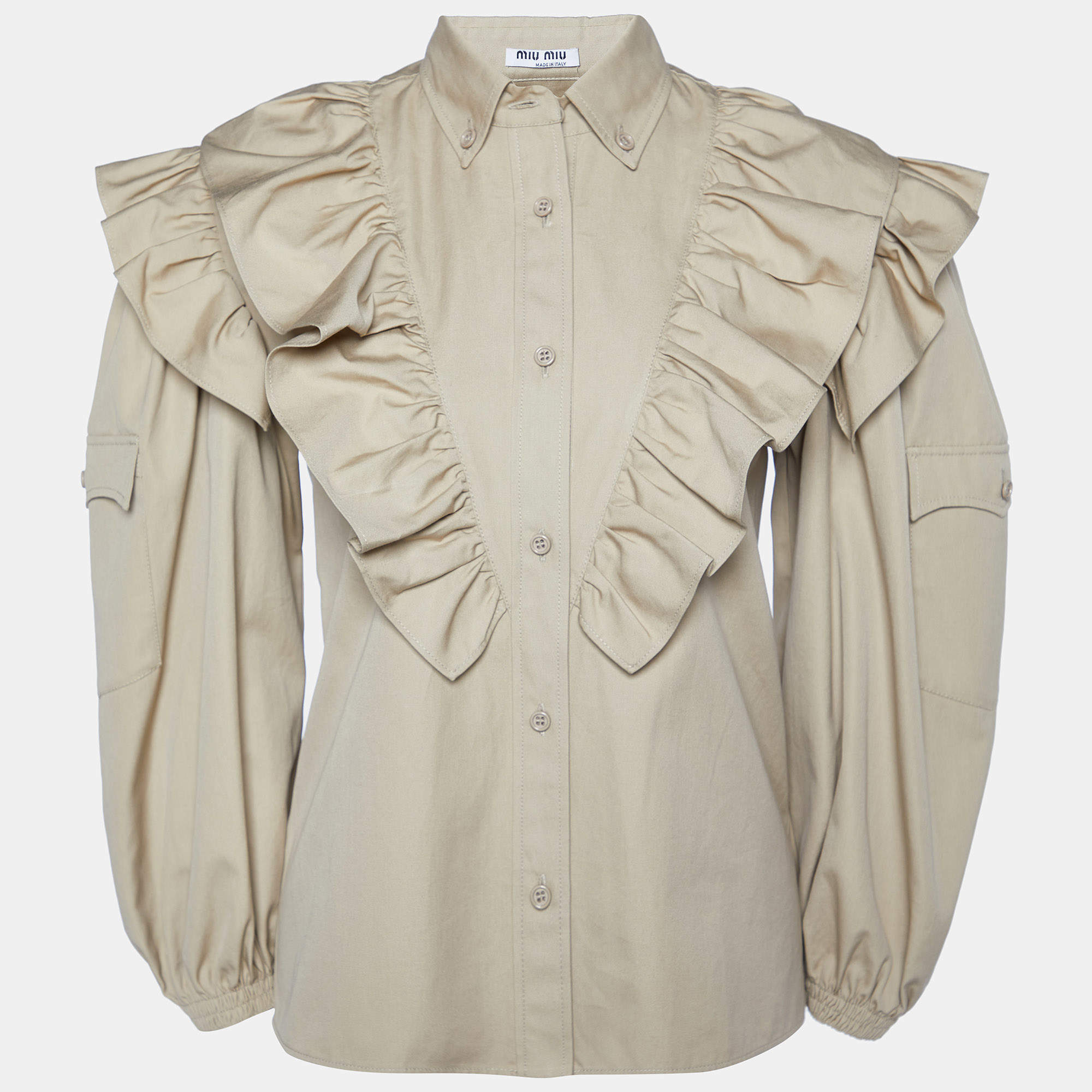 Miu Miu Brown Cotton Ruffled Button Front Shirt XS