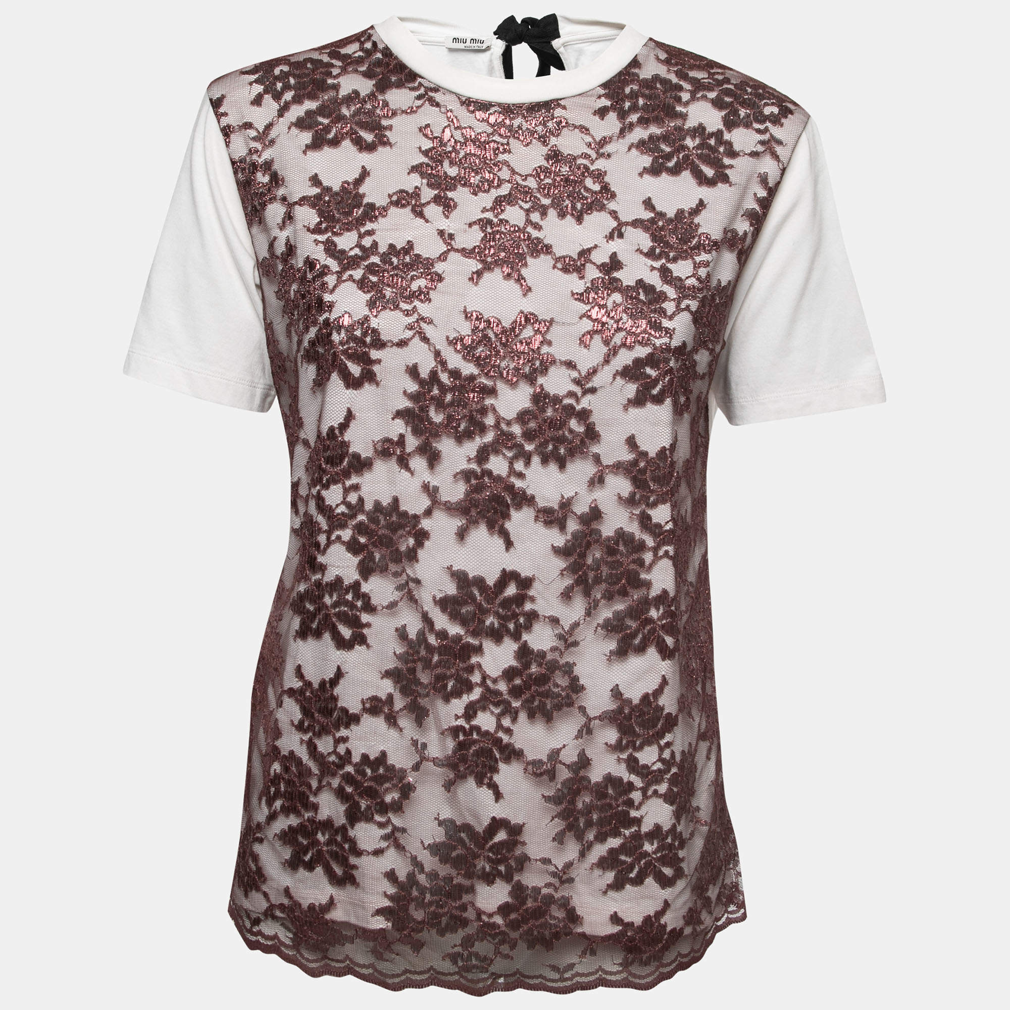 Miu Miu White Cotton Knit Lace Detail T-Shirt L