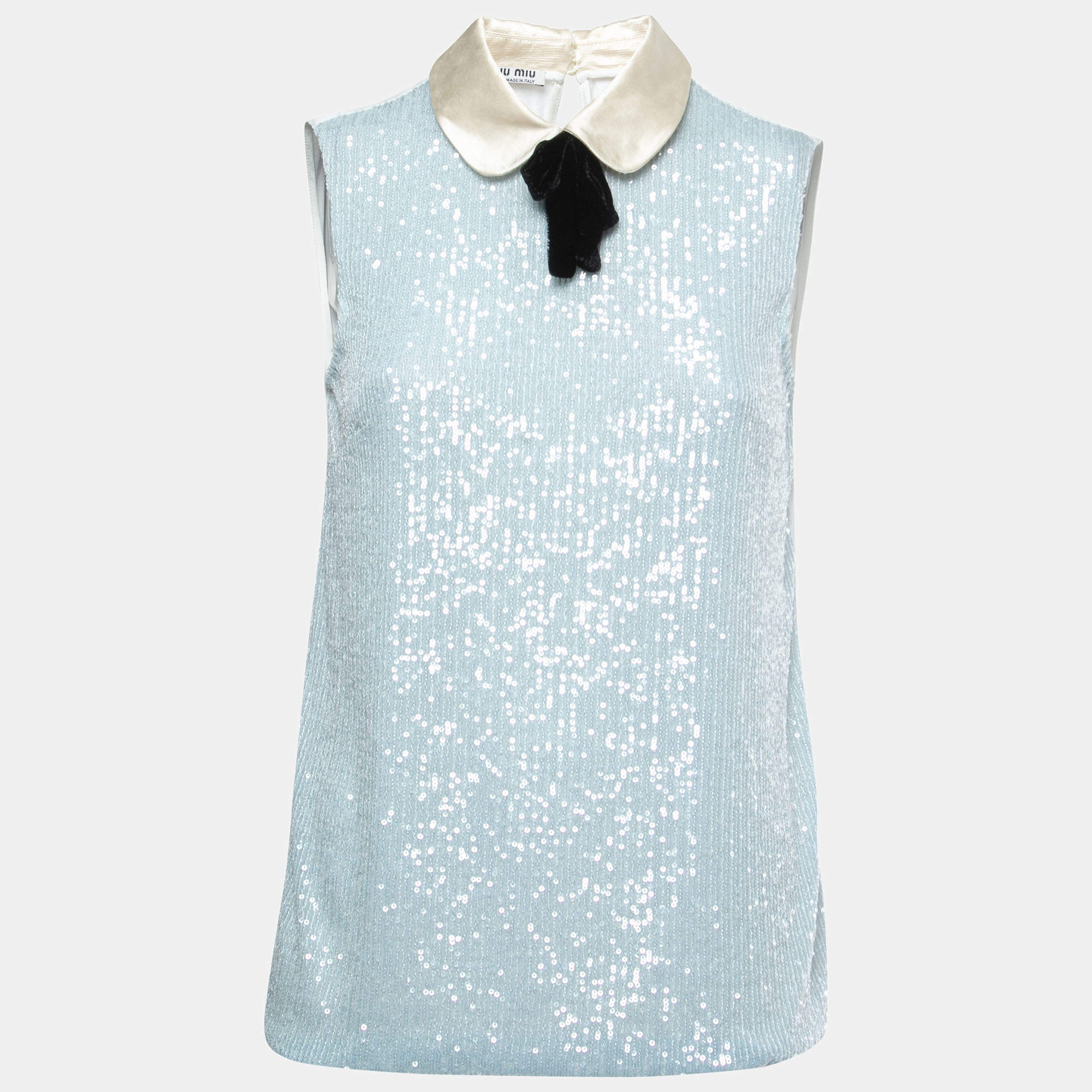 Pre Owned Miu Miu Blue Sequined Bow Embellished Sleeveless Top XS