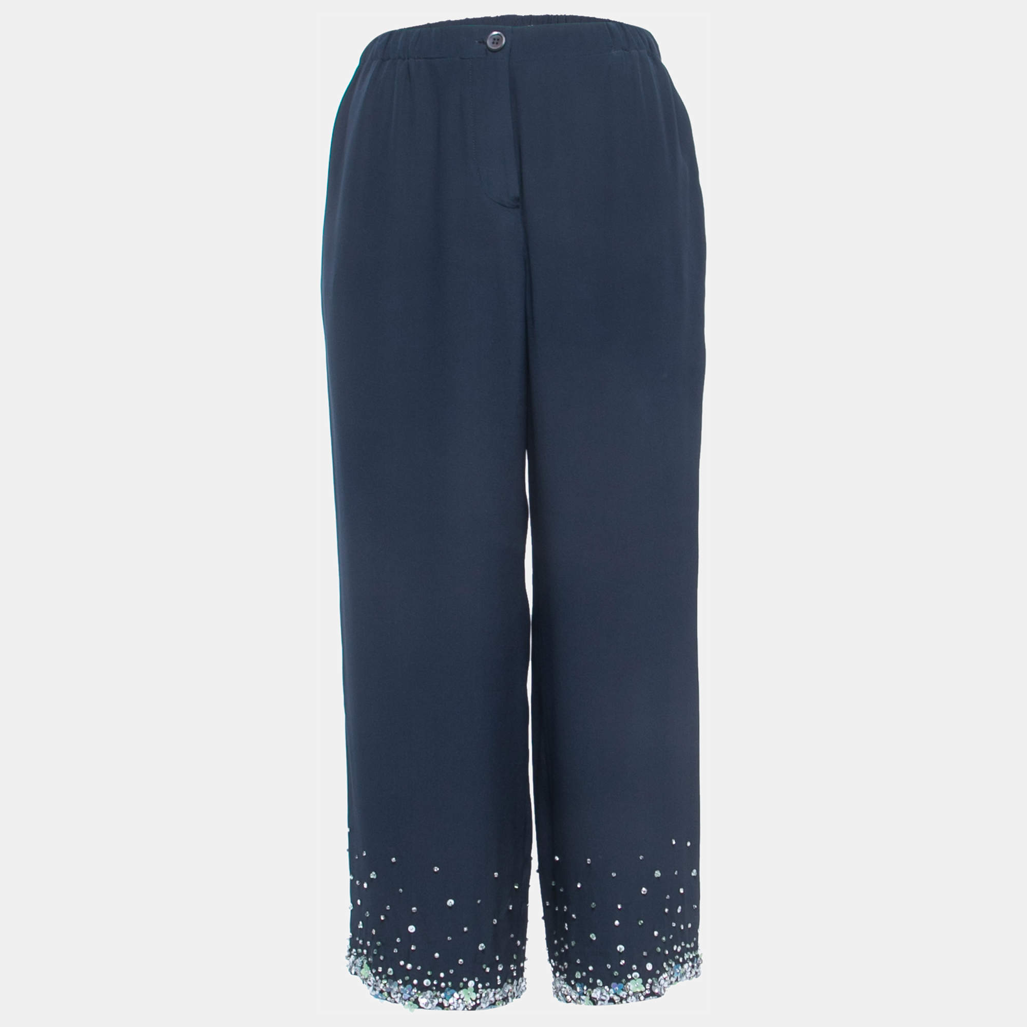 Miu Miu Navy Blue Crepe Embellished Cropped Trousers S