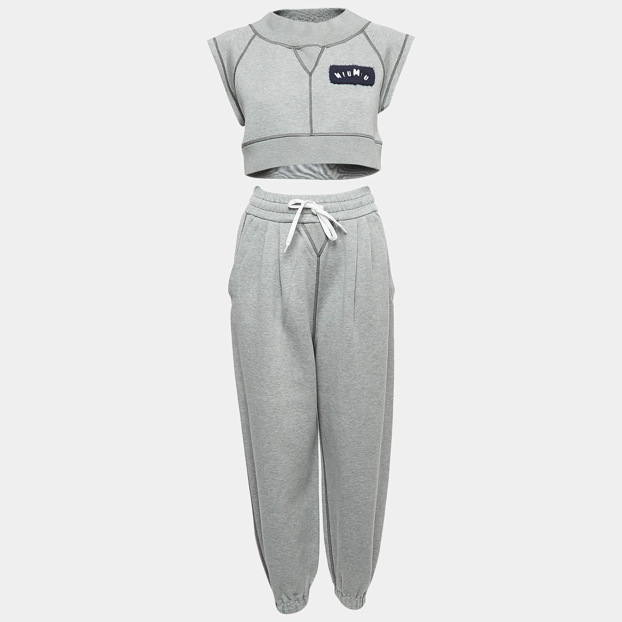Miu Miu Grey Logo Embroidered Cotton Blend Joggers Crop Top Set S