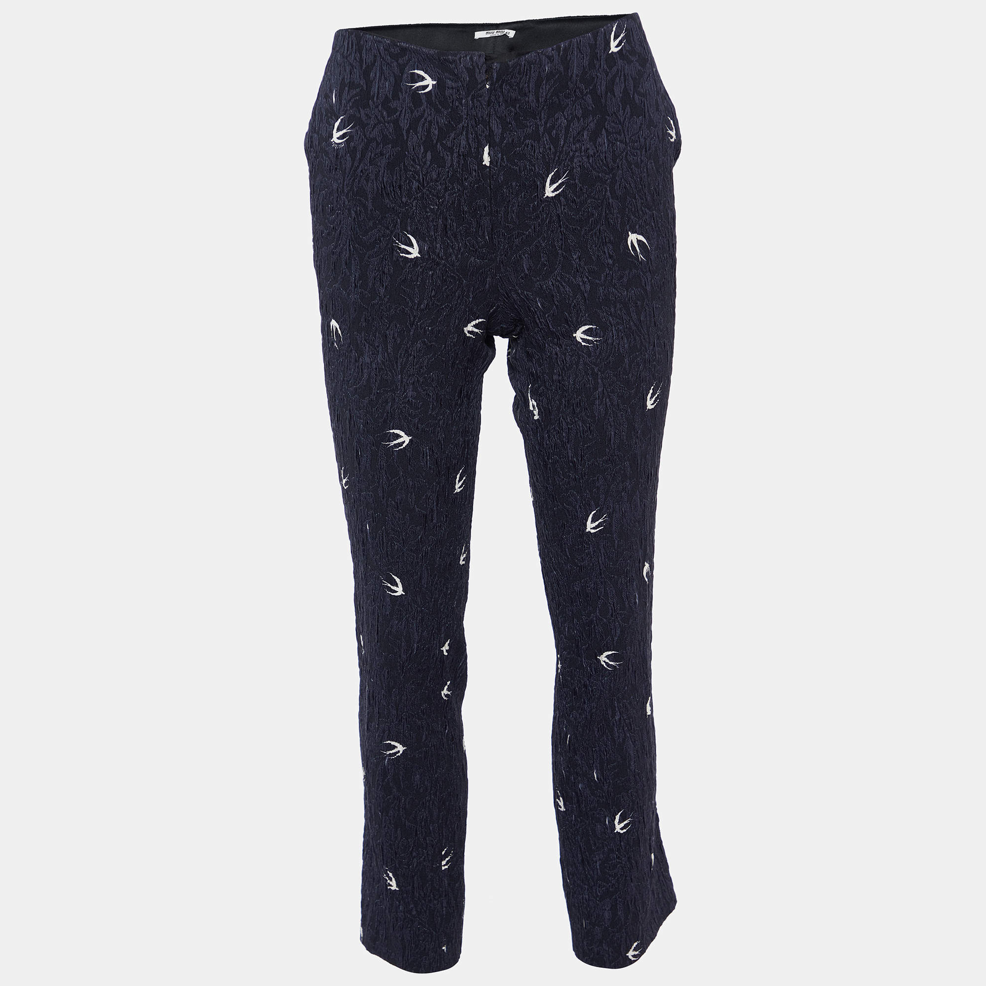 Miu Miu Navy Blue Bird Printed Silk Jacquard Pants M