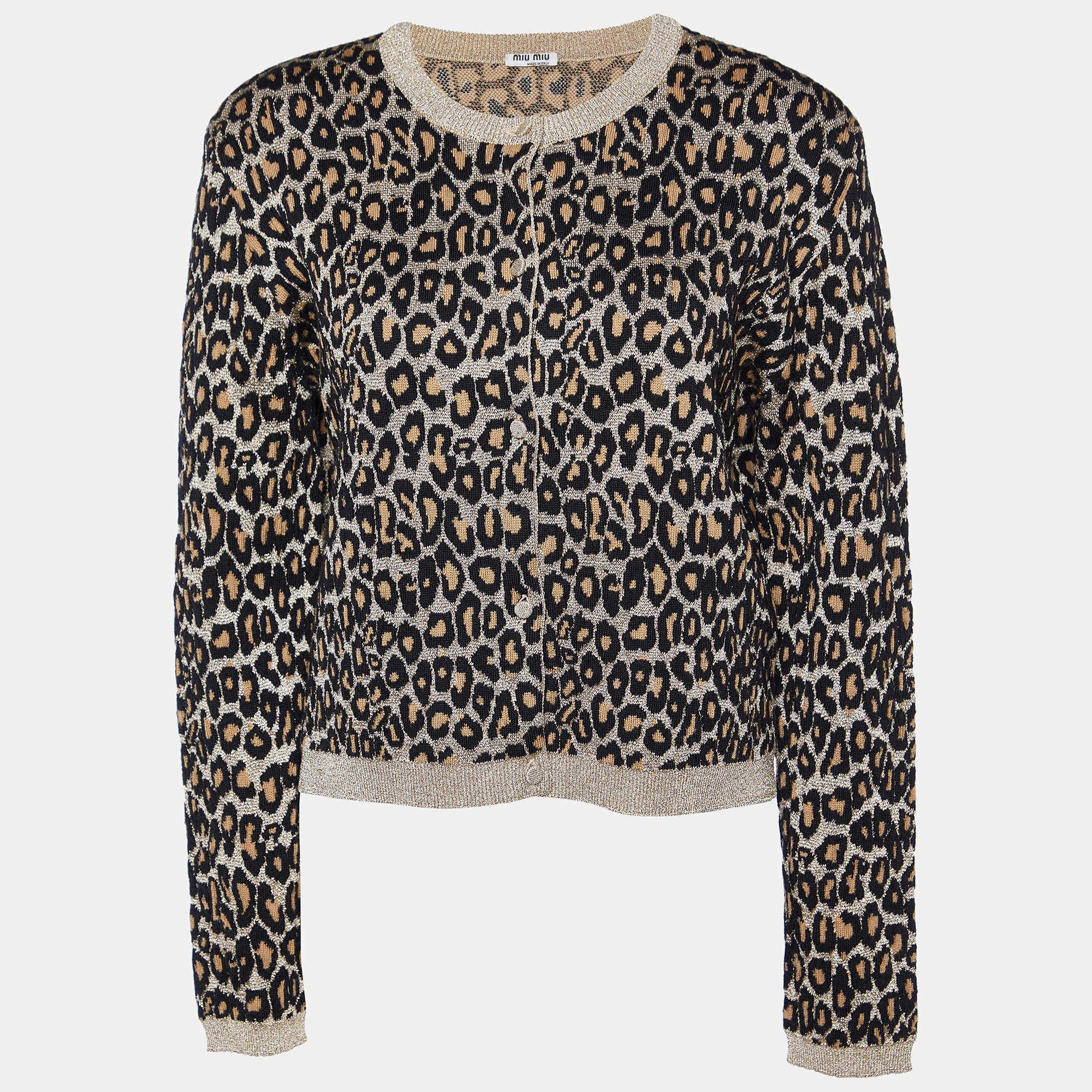 Miu Miu Beige Leopard Lurex Knit Button Front Cropped Cardigan M