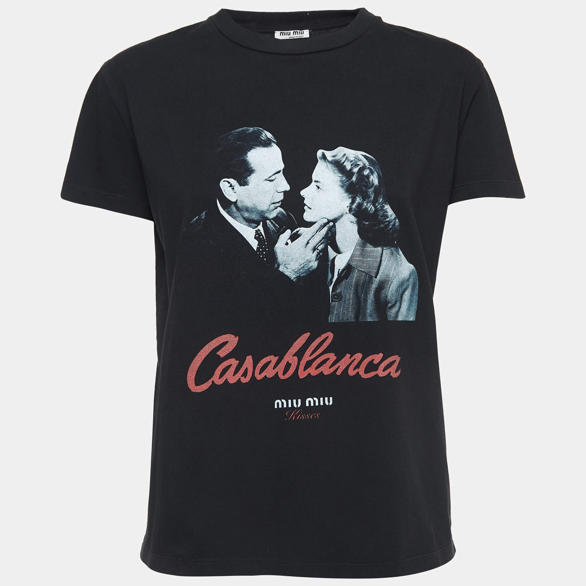 Pre Owned Miu Miu Black Casablanaca Kisses Print Distressed Cotton Half Sleeve T-Shirt S