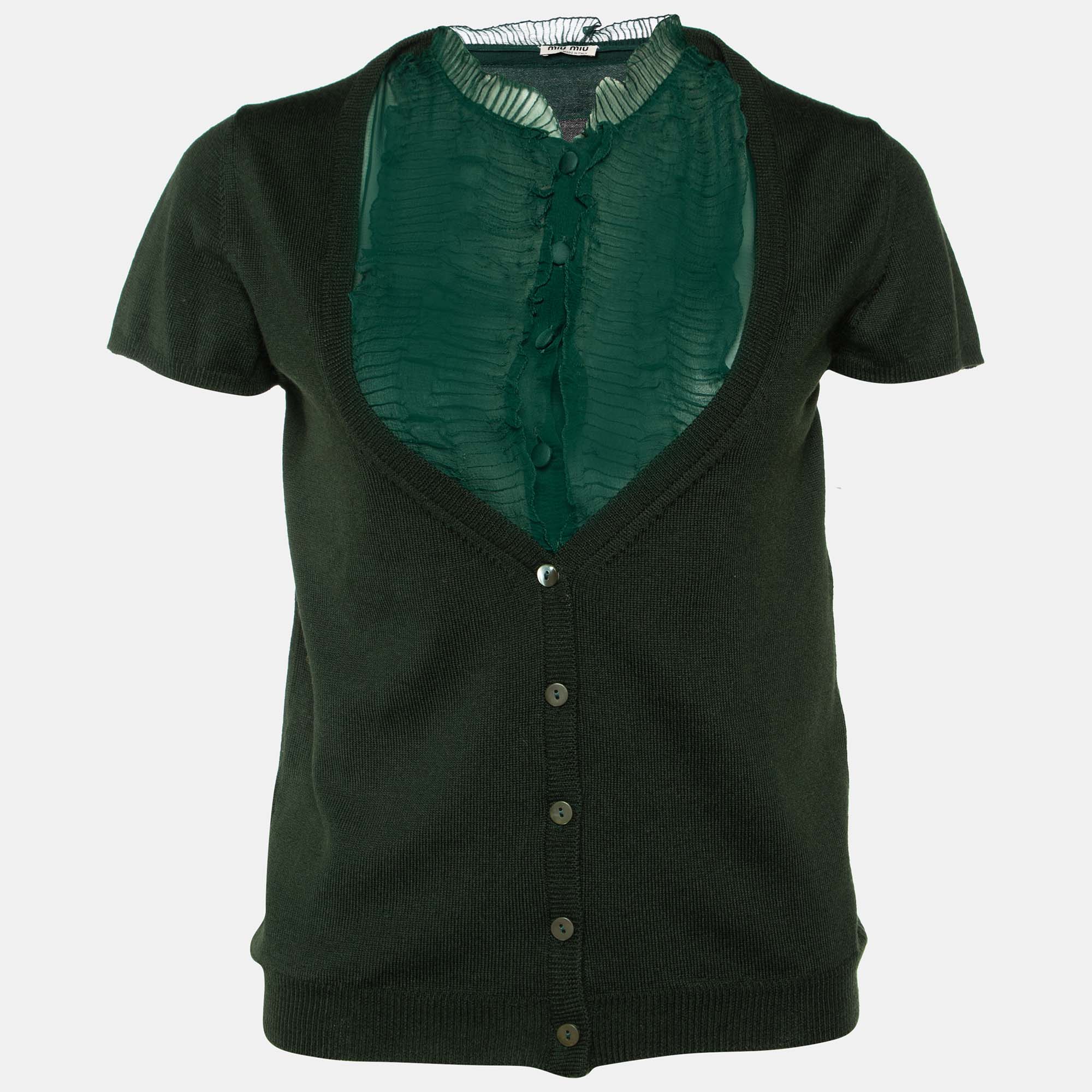 Miu Miu Green Silk & Wool Knit Ruffled Button Front Top M