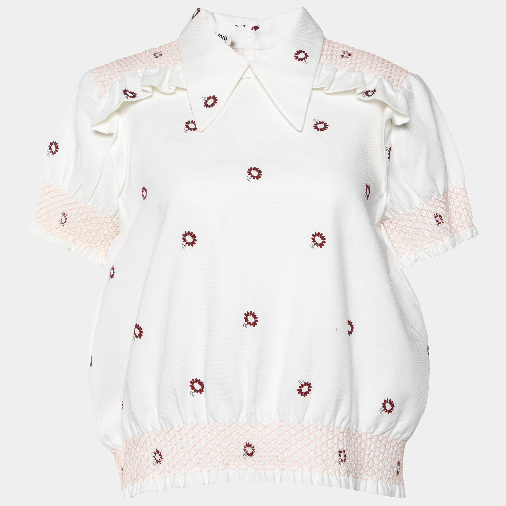 Miu Miu White Floral Print Cotton Smocked Top M