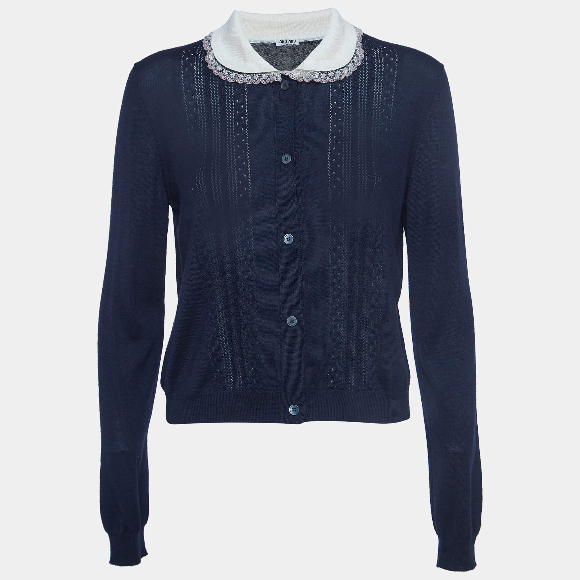 Miu Miu Navy Blue Eyelet Knit Cashmere Embellished Collar
