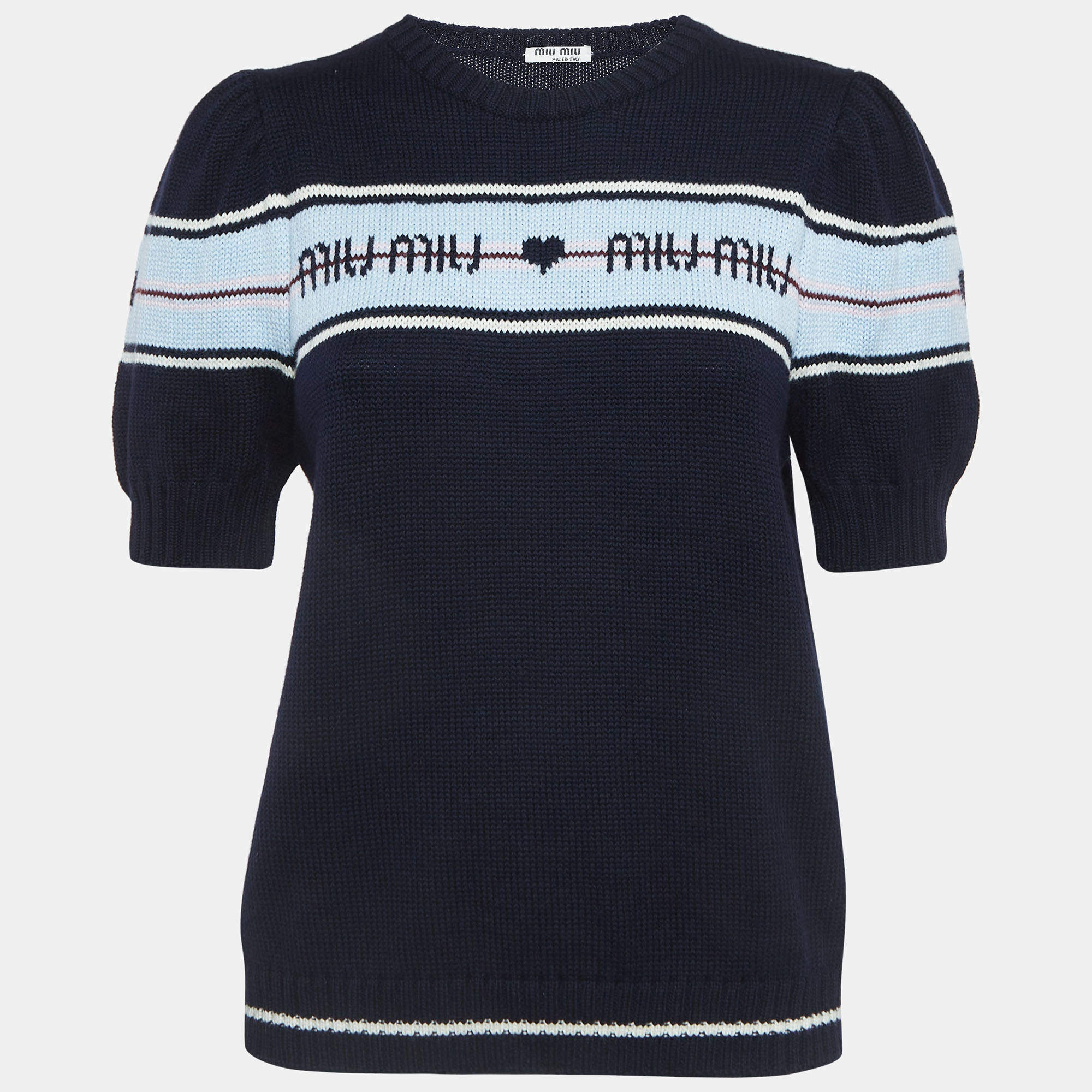 Miu Miu Navy Blue Logo Intarsia Knit Top M