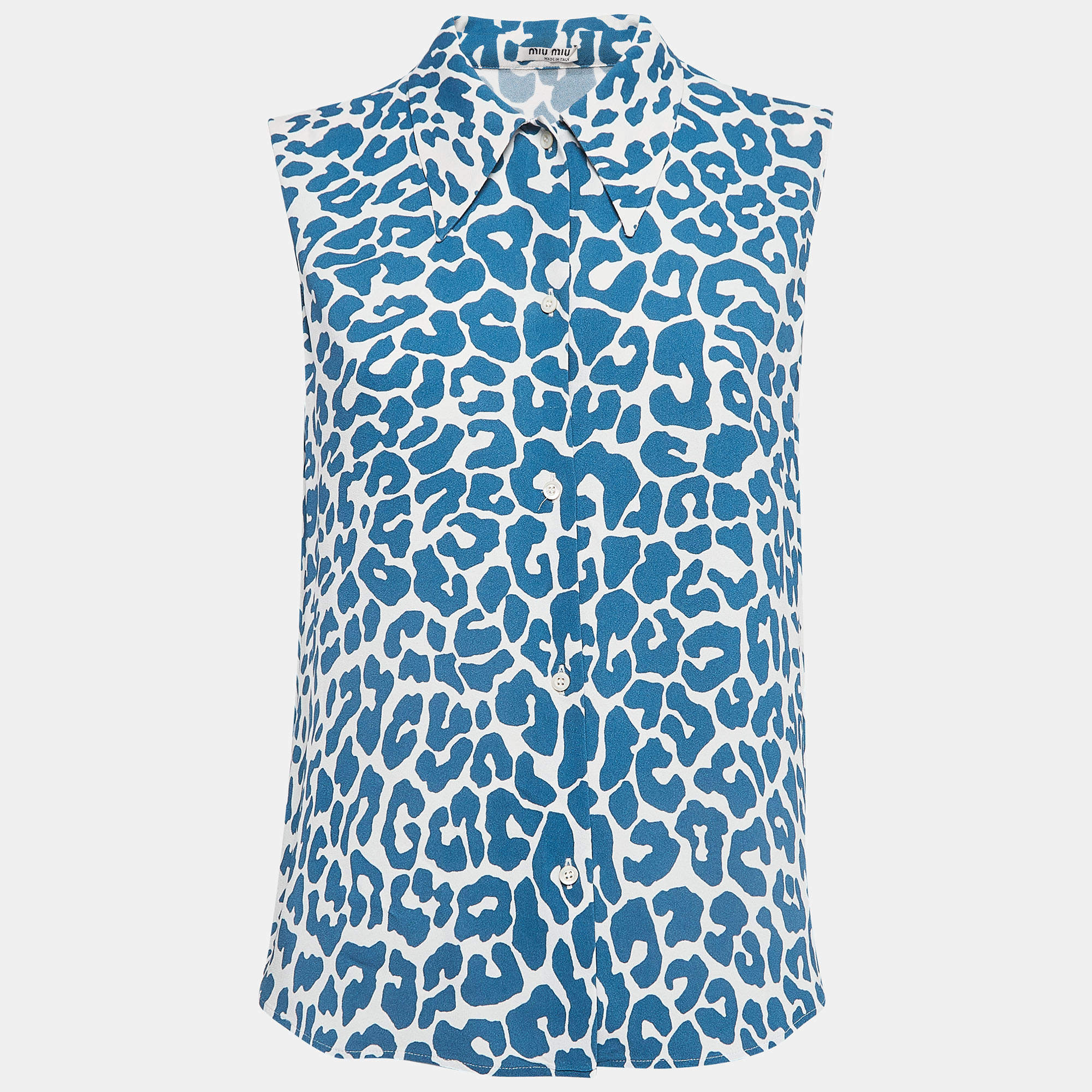 Miu Miu Blue Print Crepe Button Front Sleeveless Top M