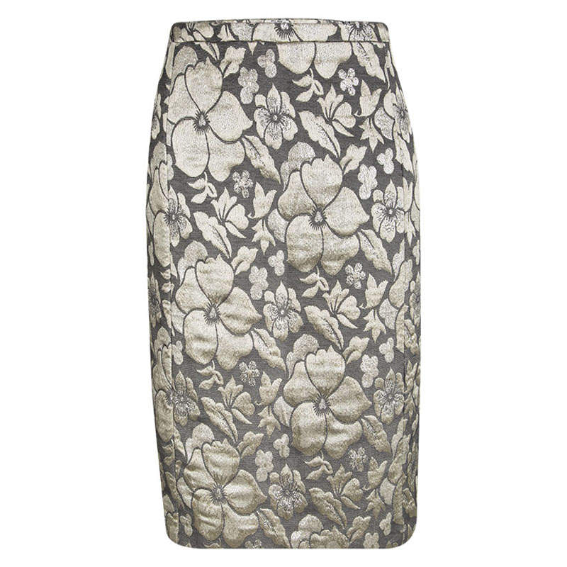 Miu Miu Grey Floral Lurex Jacquard Knee Length Skirt M