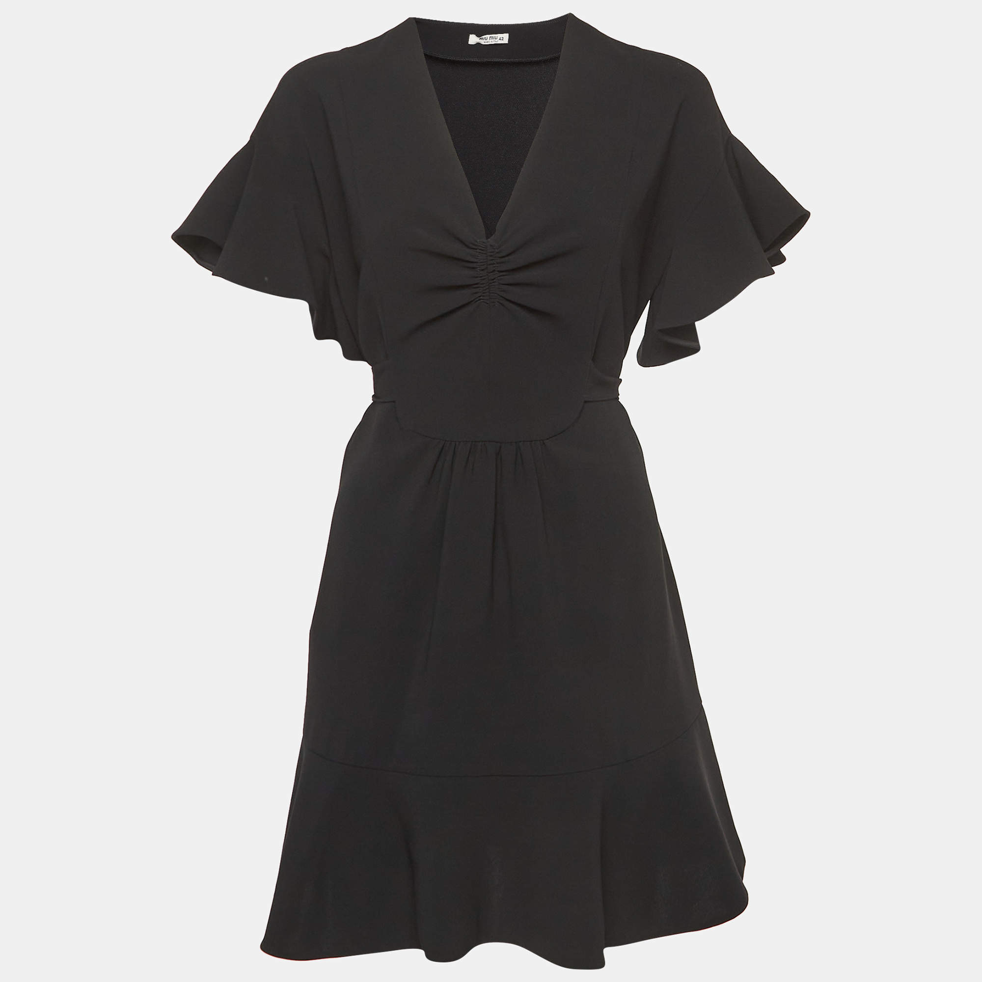 Miu Miu Black Crepe Tie-Up Detail Faille Cady Mini Dress M