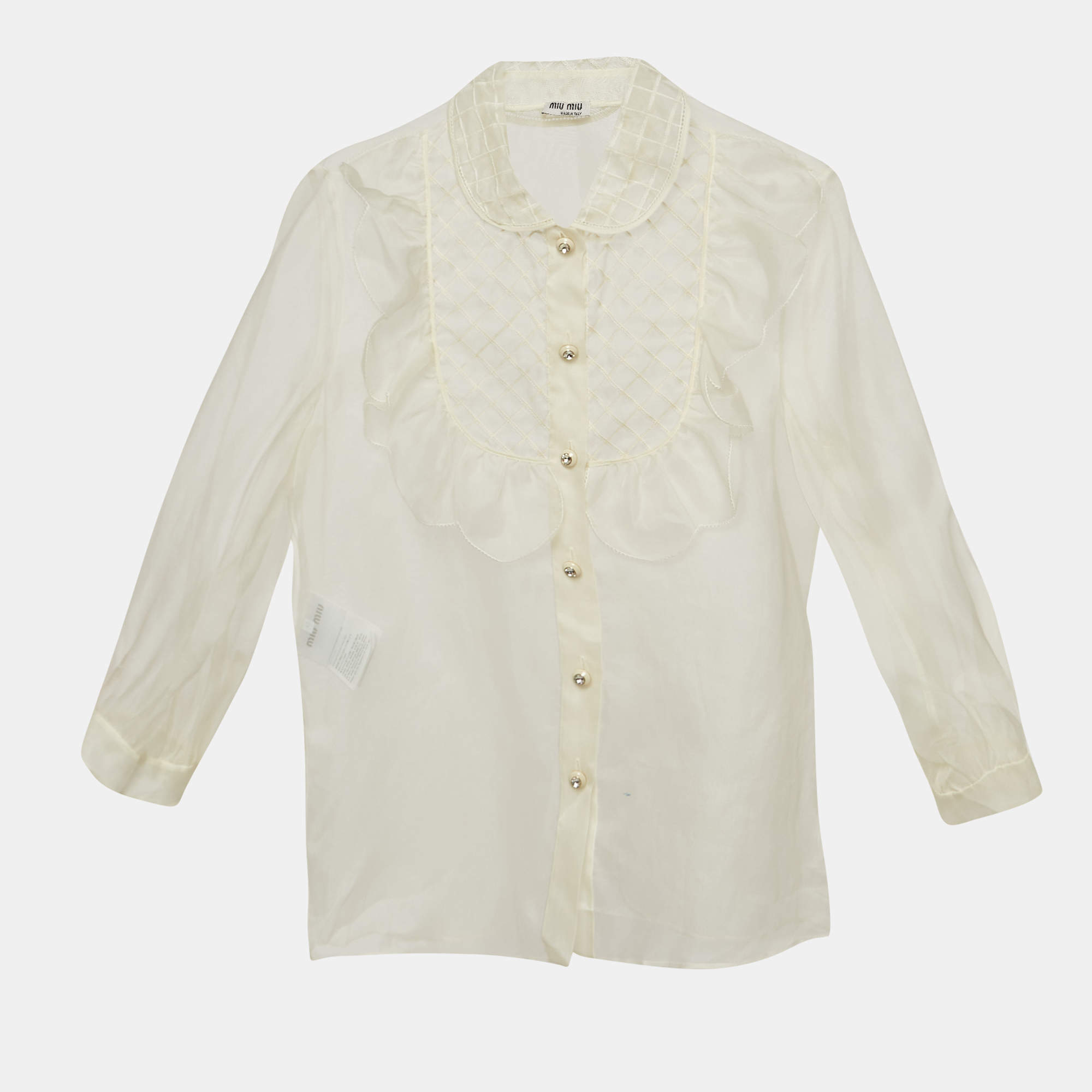 Miu Miu Off White Silk Buttoned Front Ruffled Top M